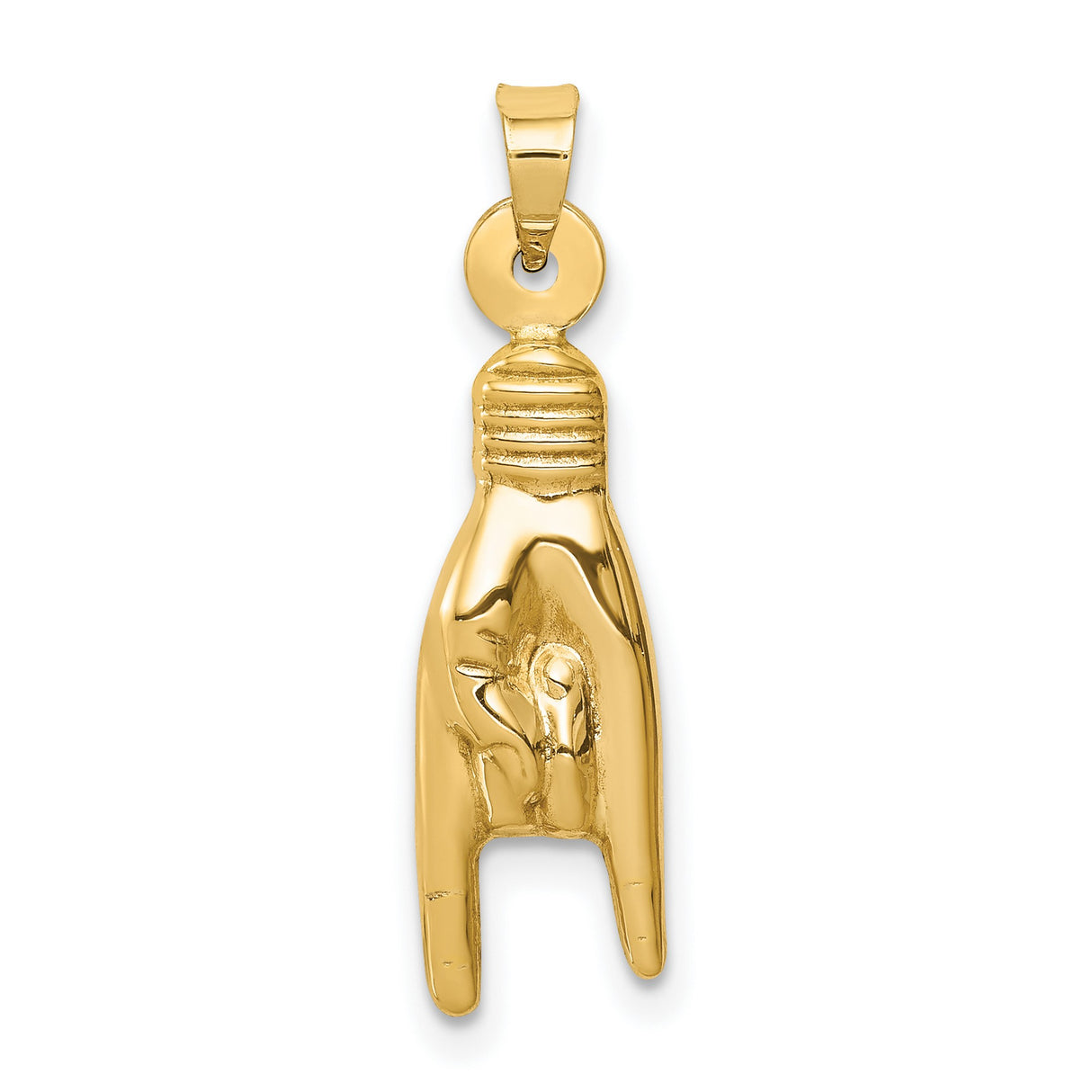 14k Yellow Gold Pendant with Rock Hand Gesture Symbol, Heavy Metal Music Charm