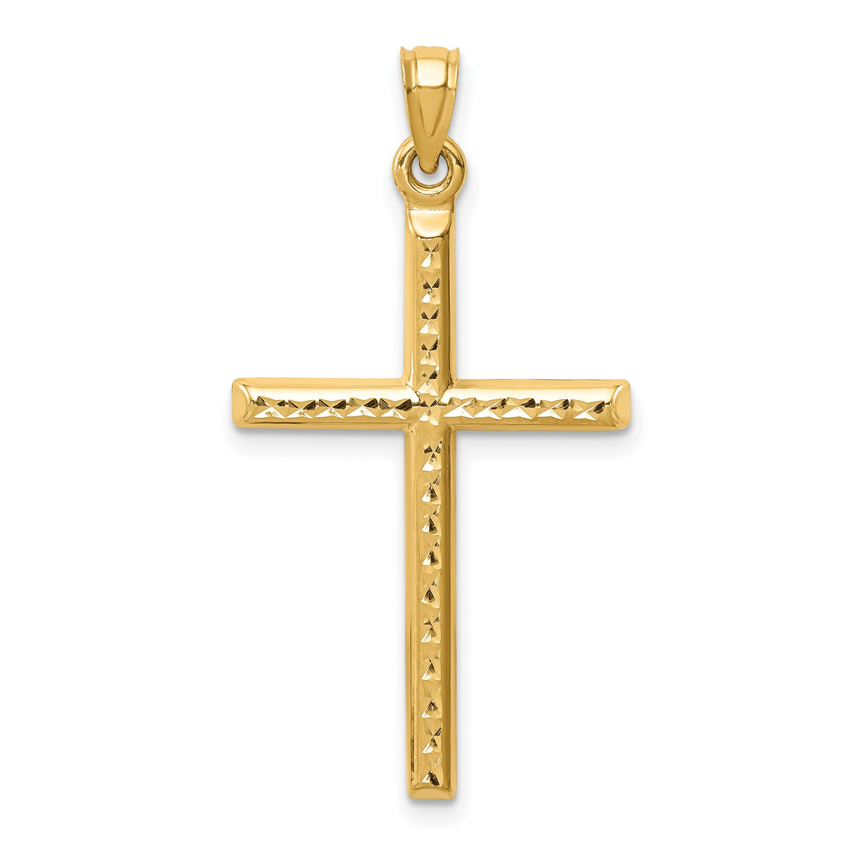 14k Yellow Gold Cross Pendant with Diamond Cut Detail and Mirror Finish for Men and Women