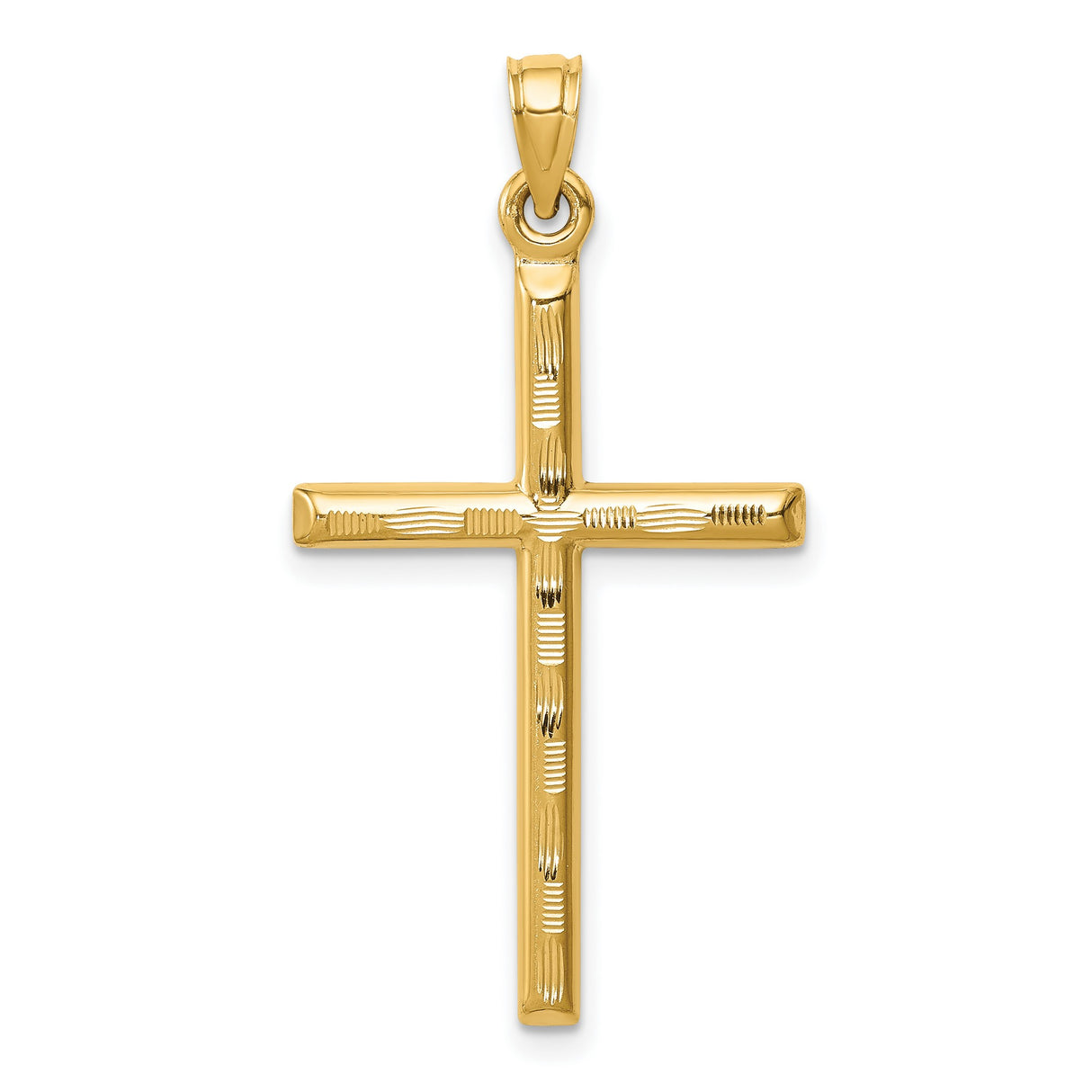 14k Yellow Gold Cross Pendant with Etched Texture, Modern Christian Faith Style