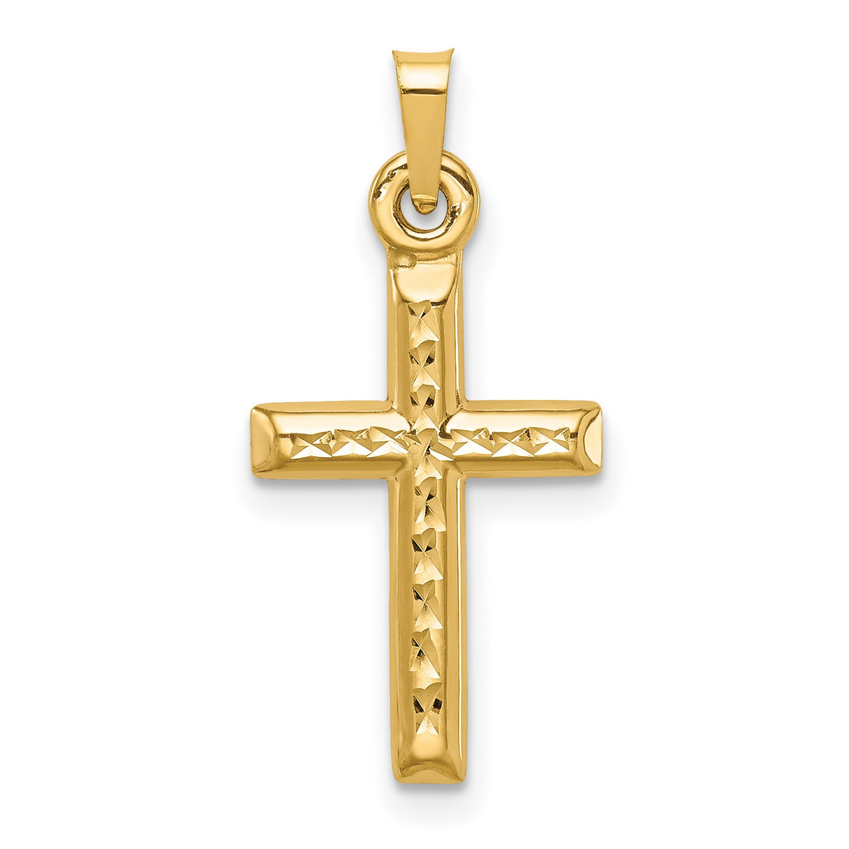 14k Yellow Gold Cross Pendant with Diamond Cut Hollow Design, Textured Finish, Religious Charm