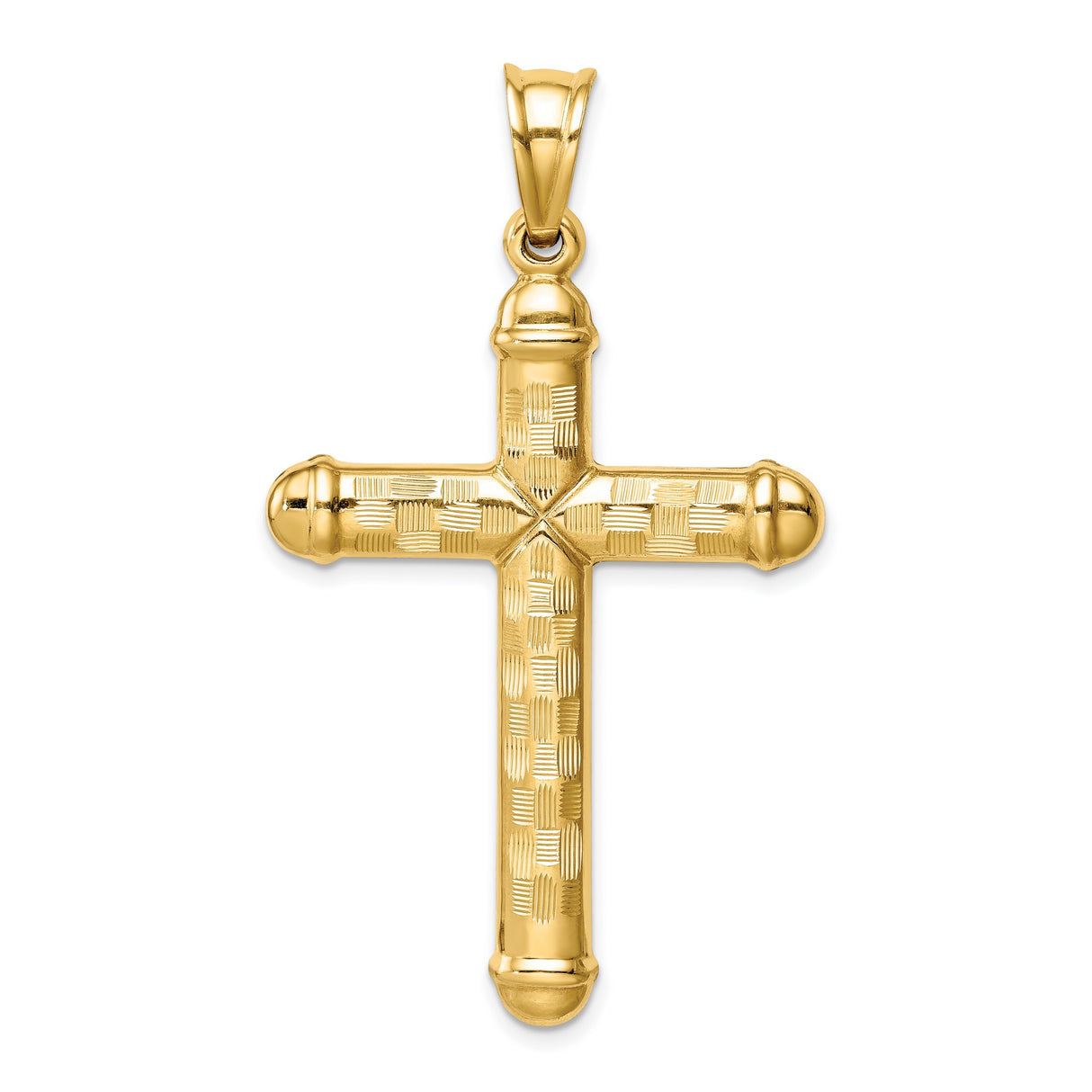 14k Yellow Gold Cross Pendant with Checkerboard Texture and Domed Ends