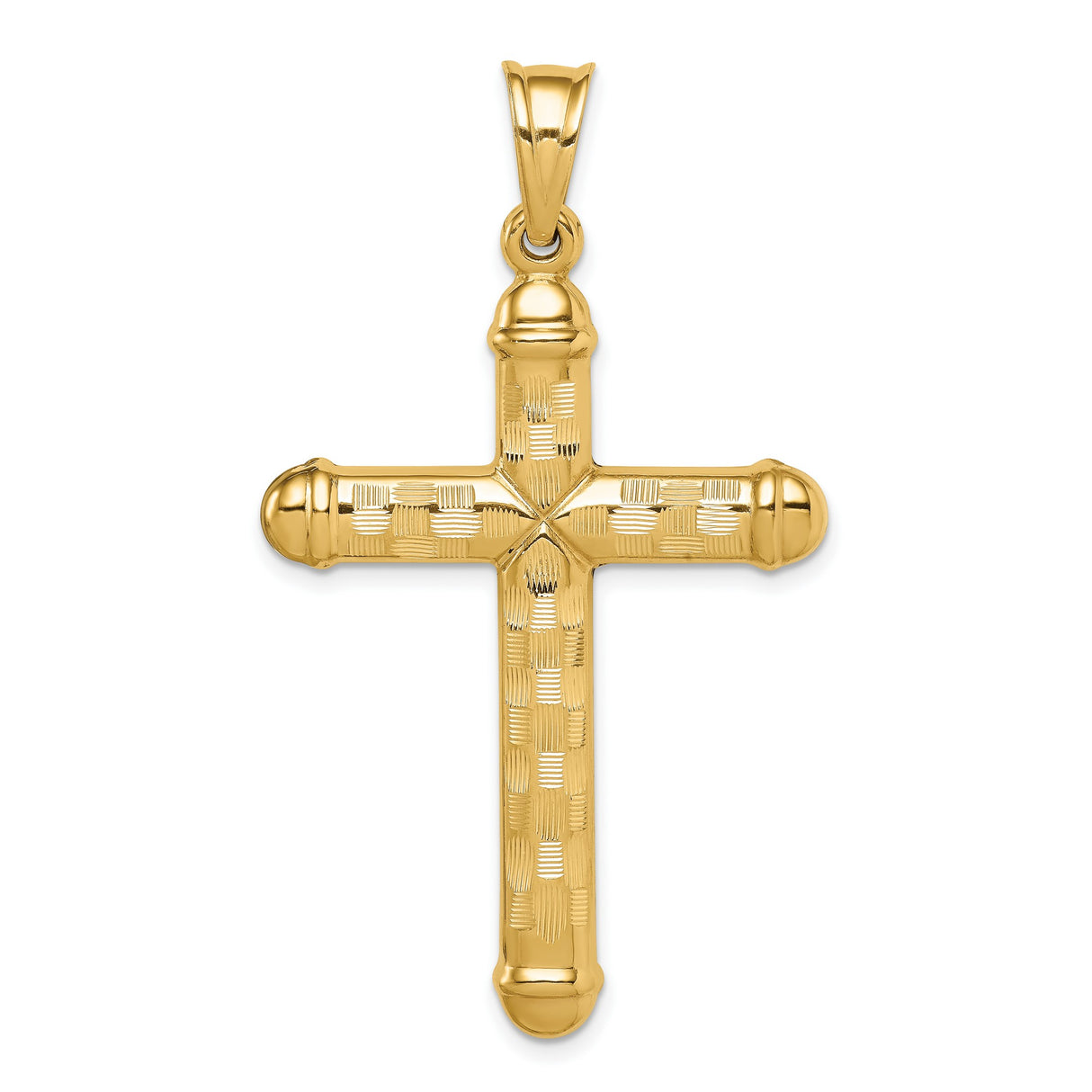 14k Yellow Gold Cross Pendant with Checkerboard Texture and Domed Ends