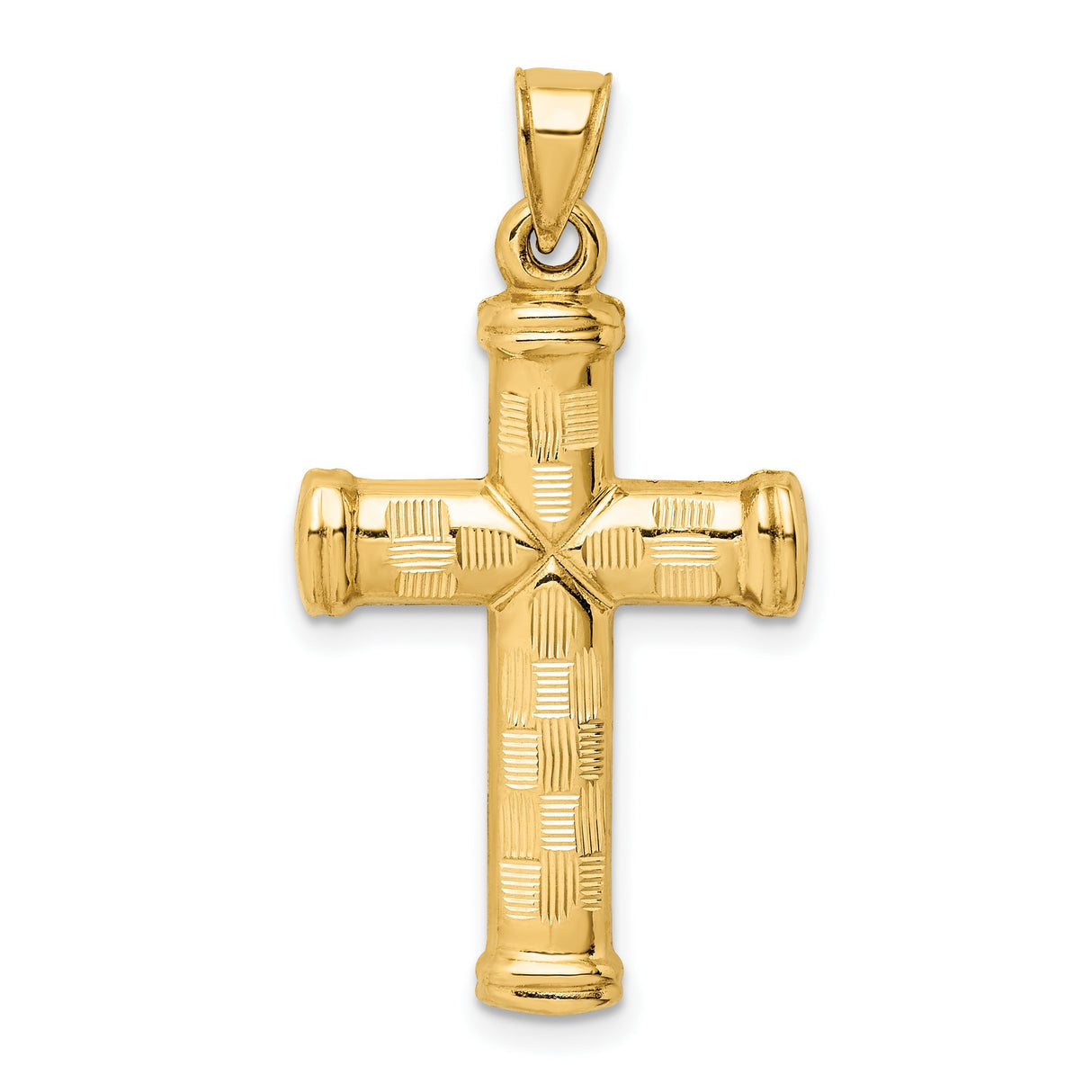 14k Yellow Gold Cross Pendant with Diamond Cut Texture and Etched Sunburst Detail