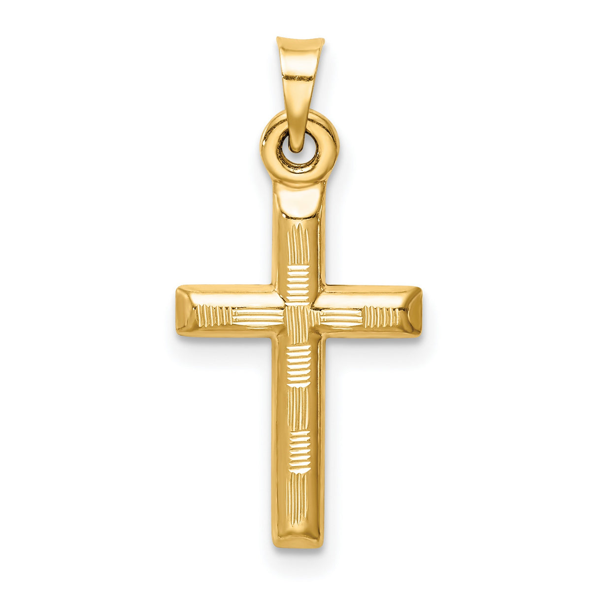14k Yellow Gold Cross Pendant, Diamond Cut Detail, High Polish Textured Latin Cross Design