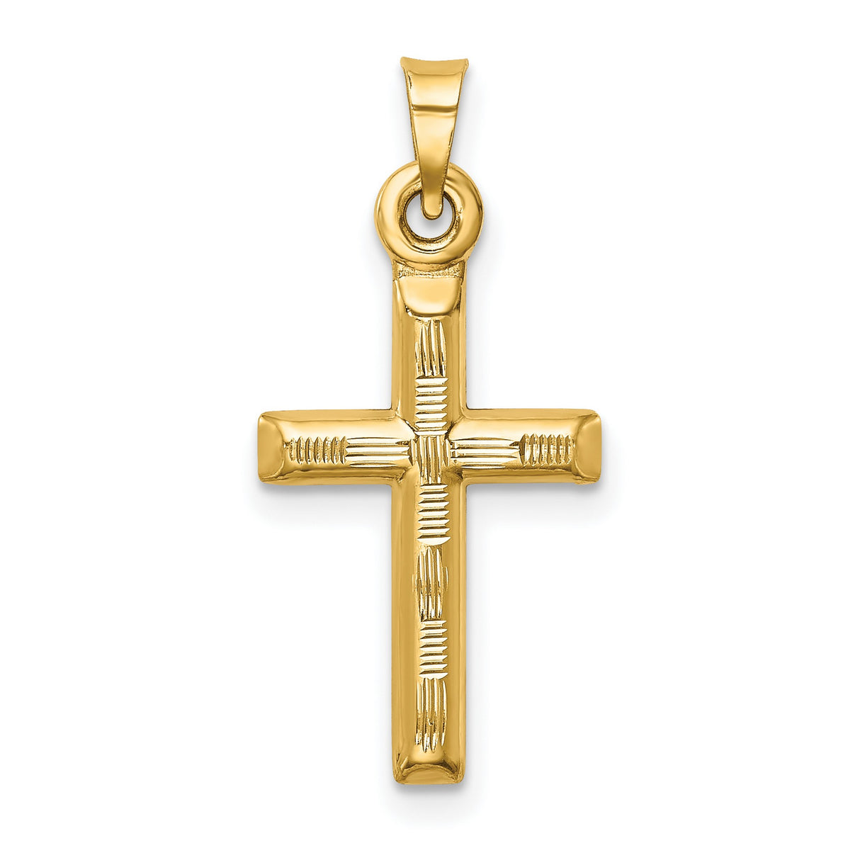 14k Yellow Gold Cross Pendant, Diamond Cut Detail, High Polish Textured Latin Cross Design