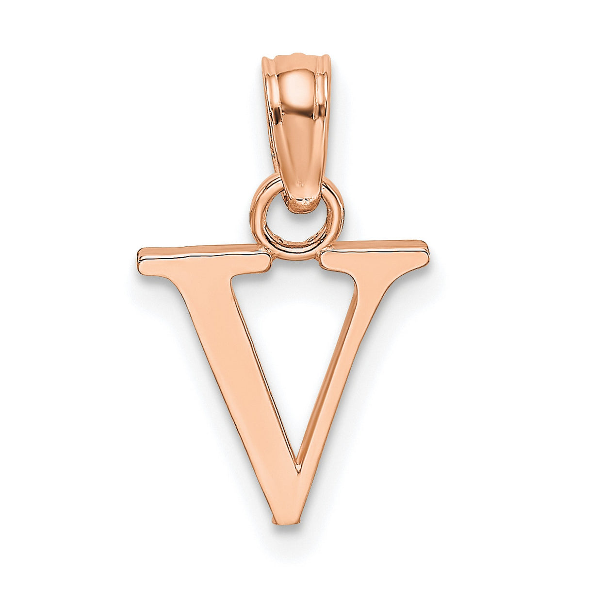 14k Rose Gold Pendant Charm with Polished Block Letter V, Minimalist Initial Jewelry