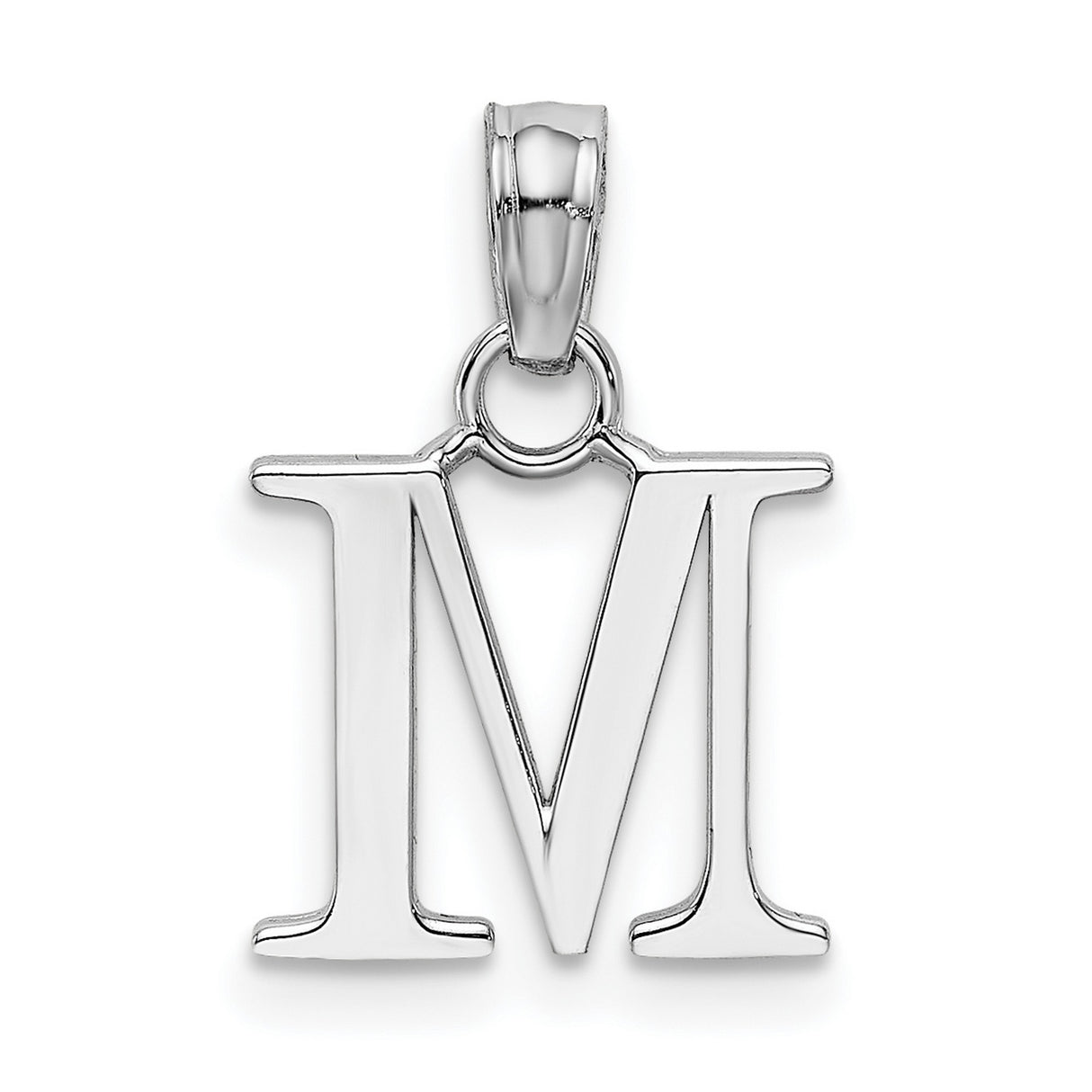 14k White Gold Letter M Pendant, Polished Block Initial Charm for Women