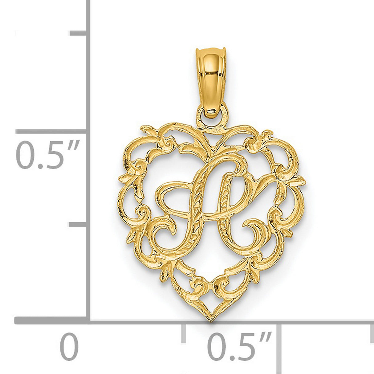 14k Yellow Gold Heart Pendant with Script Letter R, Ornate Initial Charm for Women