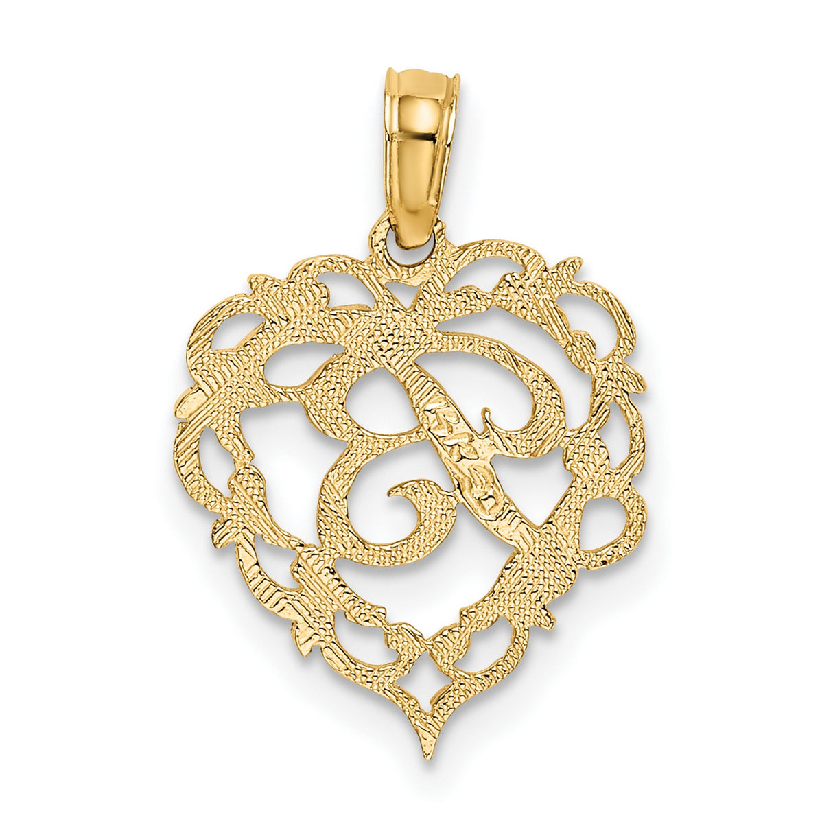 14k Yellow Gold Heart Pendant with Script Letter B, Filigree Monogram Charm for Women
