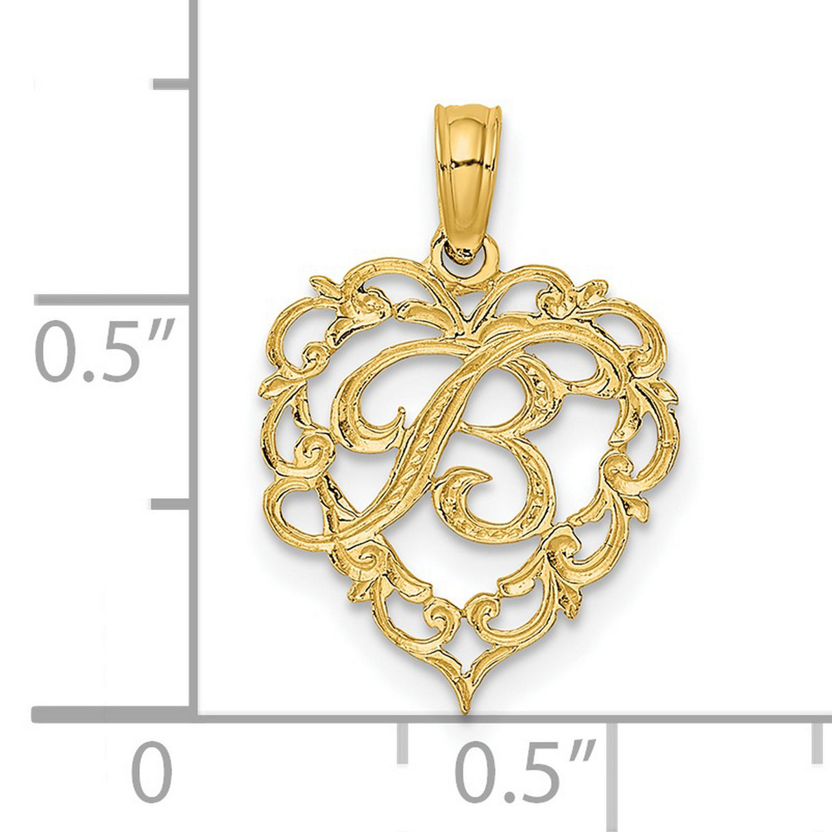 14k Yellow Gold Heart Pendant with Script Letter B, Filigree Monogram Charm for Women