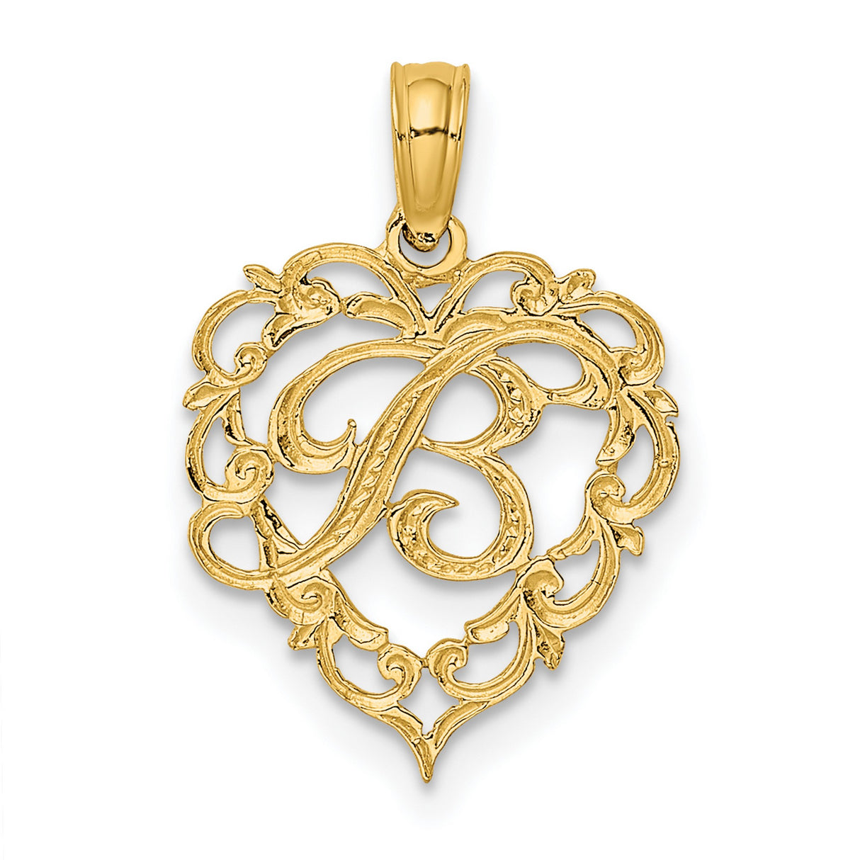 14k Yellow Gold Heart Pendant with Script Letter B, Filigree Monogram Charm for Women