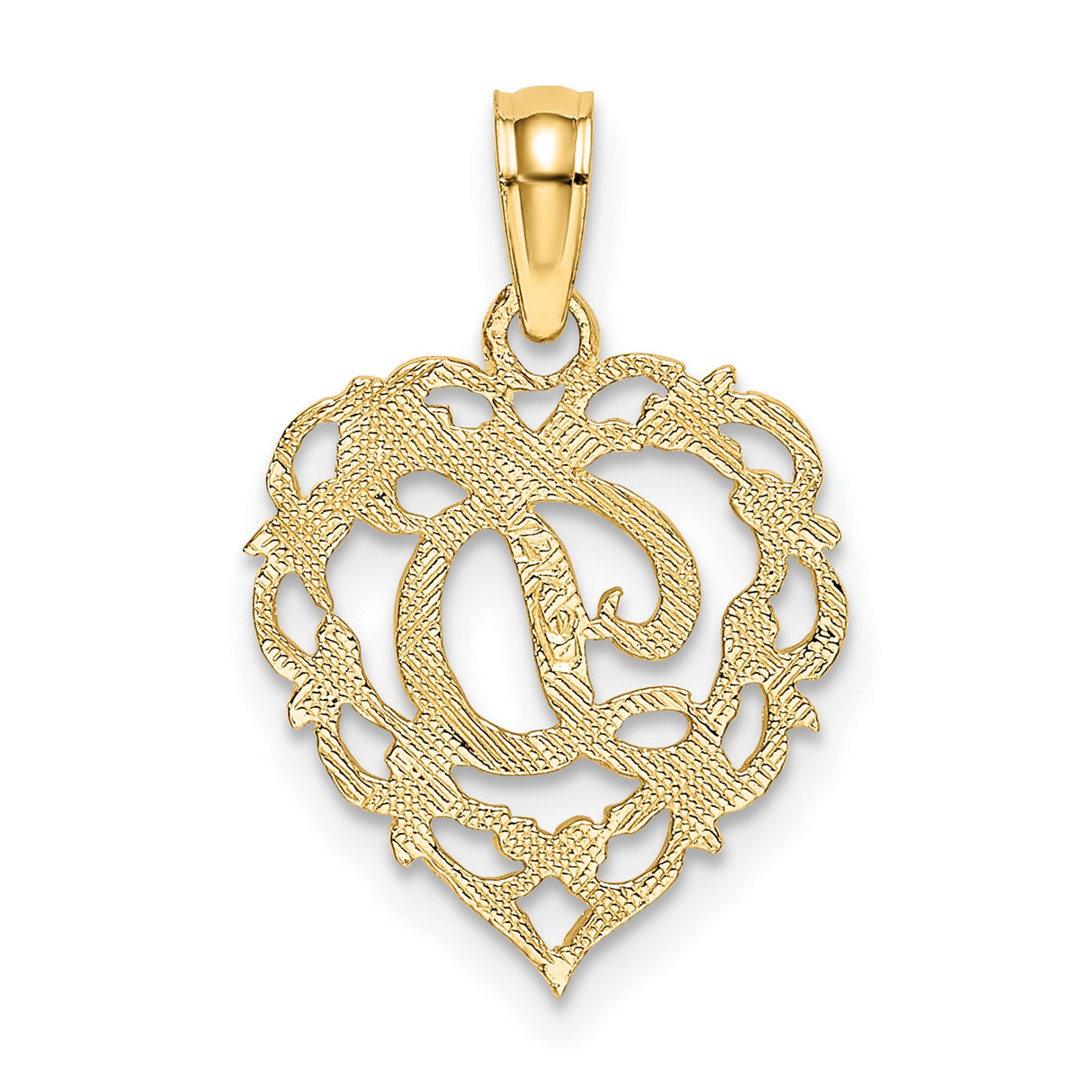 14k Yellow Gold Heart Pendant with Script Letter D, Filigree Monogram Charm for Women