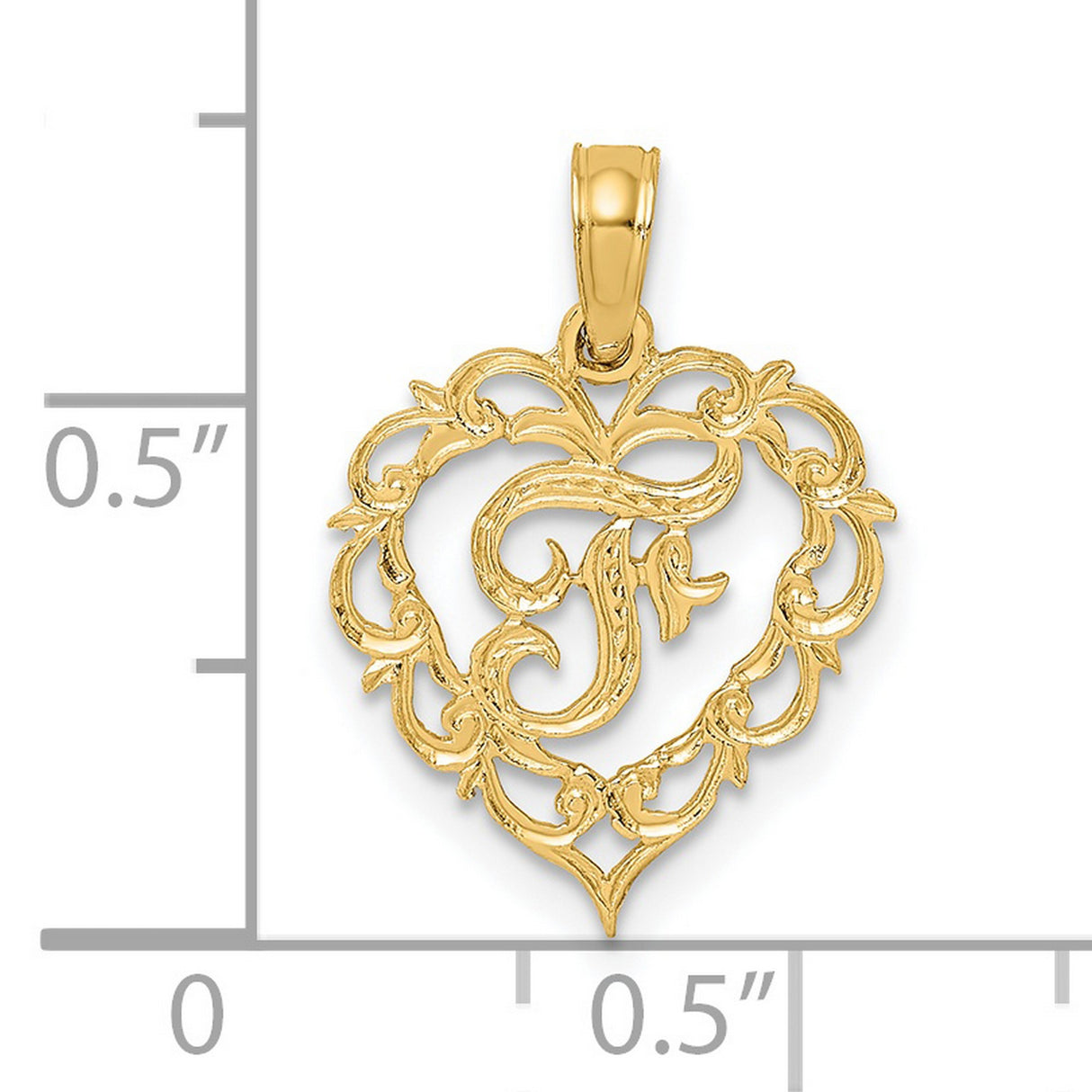 14k Yellow Gold Heart Pendant with Floral Design and Script Letter T Monogram