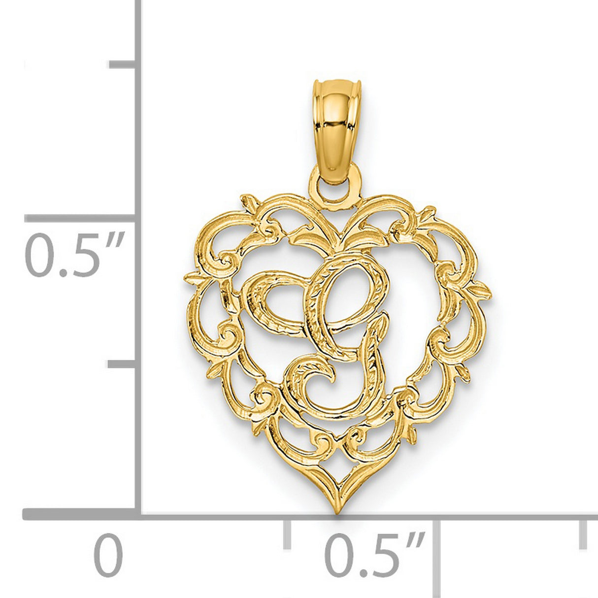 14k Yellow Gold Heart Pendant with Script Letter G and Filigree Scrollwork Design
