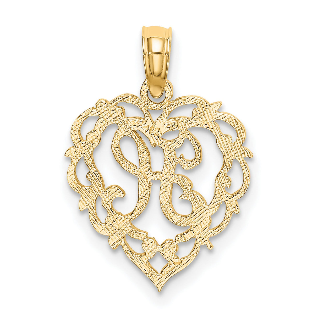 14k Yellow Gold Heart Pendant with Filigree Design and Script Letter L Charm
