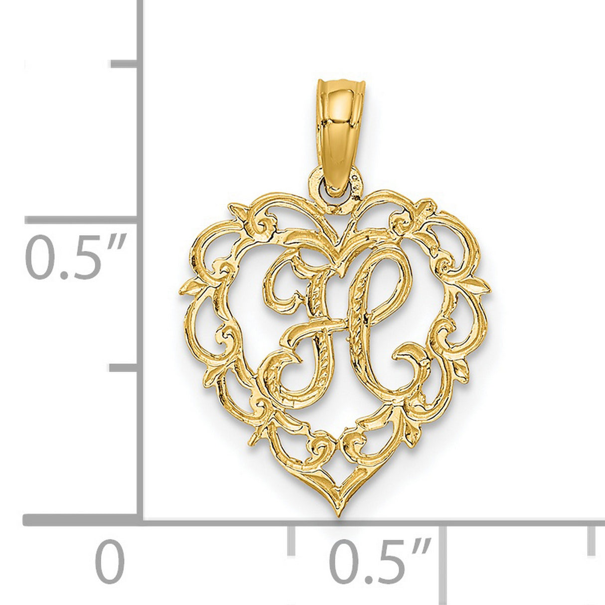 14k Yellow Gold Heart Pendant with Filigree Design and Script Letter L Charm