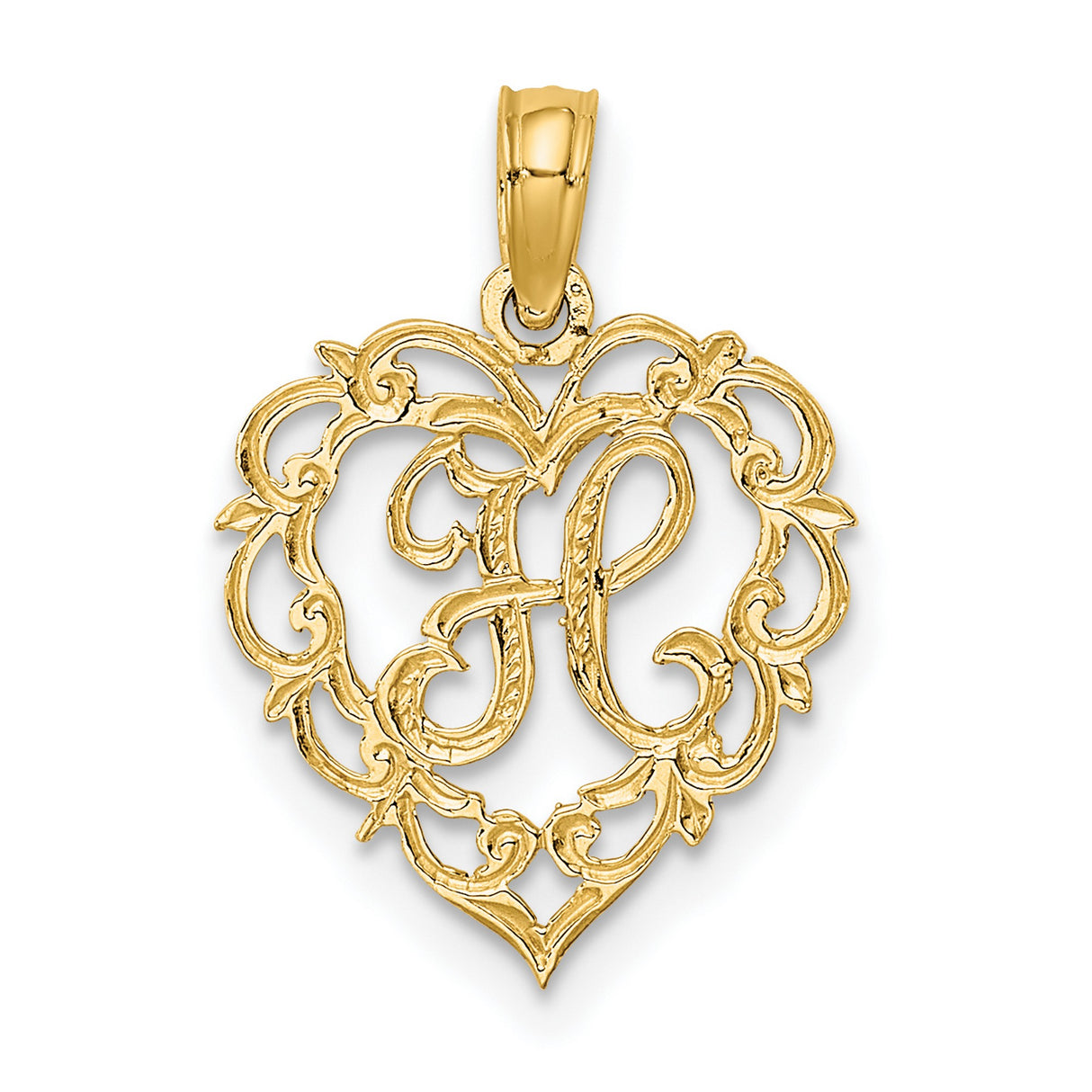 14k Yellow Gold Heart Pendant with Filigree Design and Script Letter L Charm