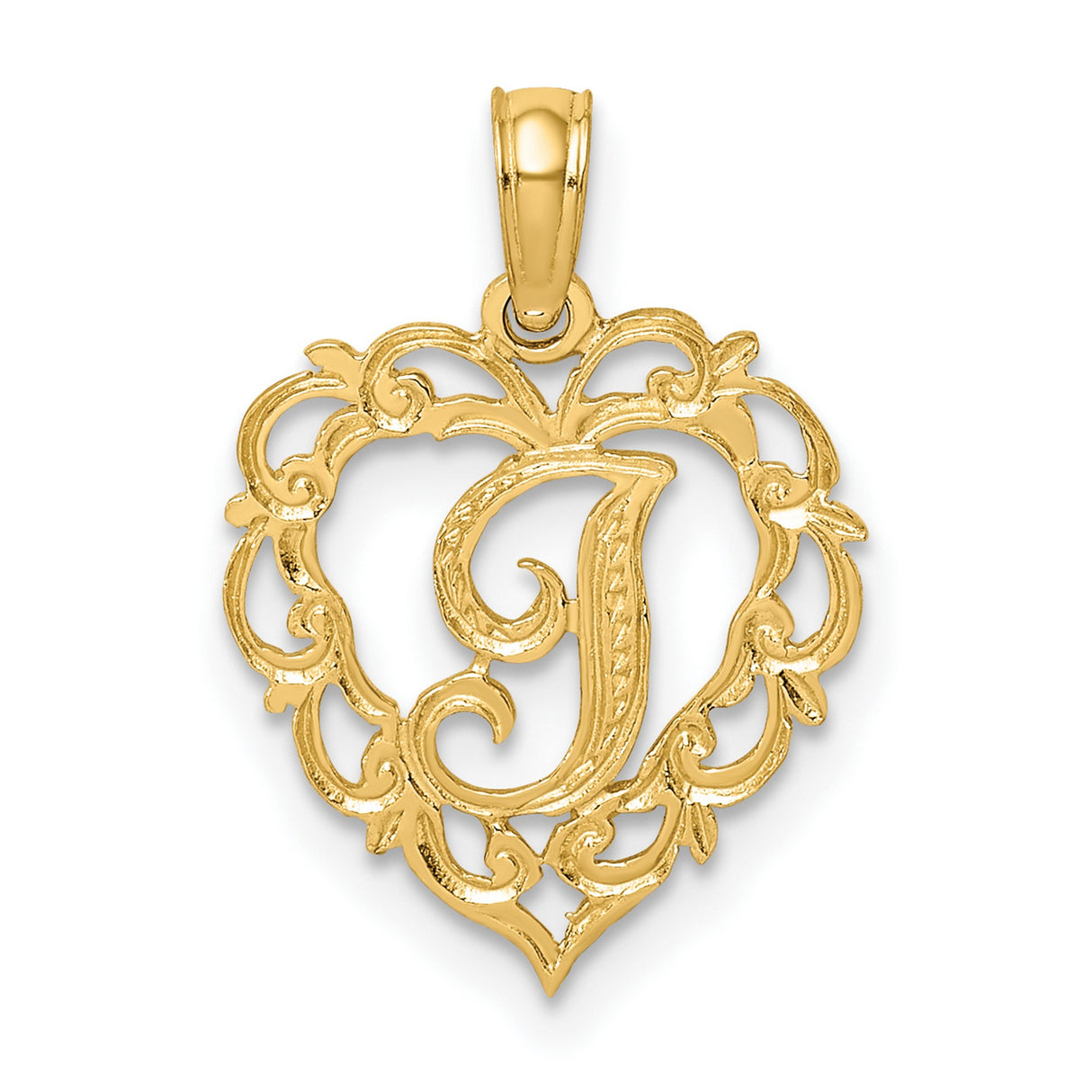 14k Yellow Gold Heart Pendant with Script Letter J, Filigree Initial Charm for Women