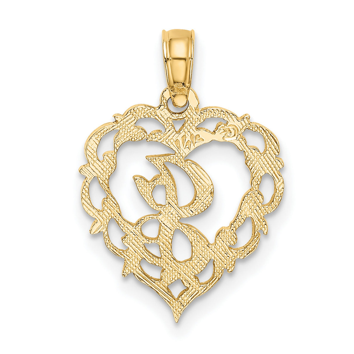 14k Yellow Gold Heart Pendant with Script Letter S and Ornate Scrollwork Charm