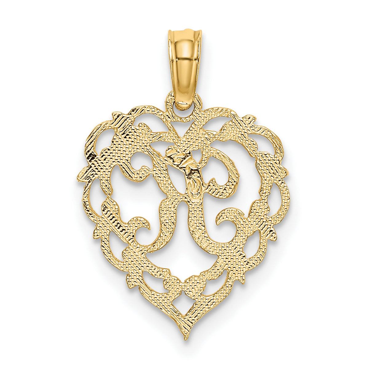 14k Yellow Gold Heart Pendant with Script Letter R, Ornate Filigree Design