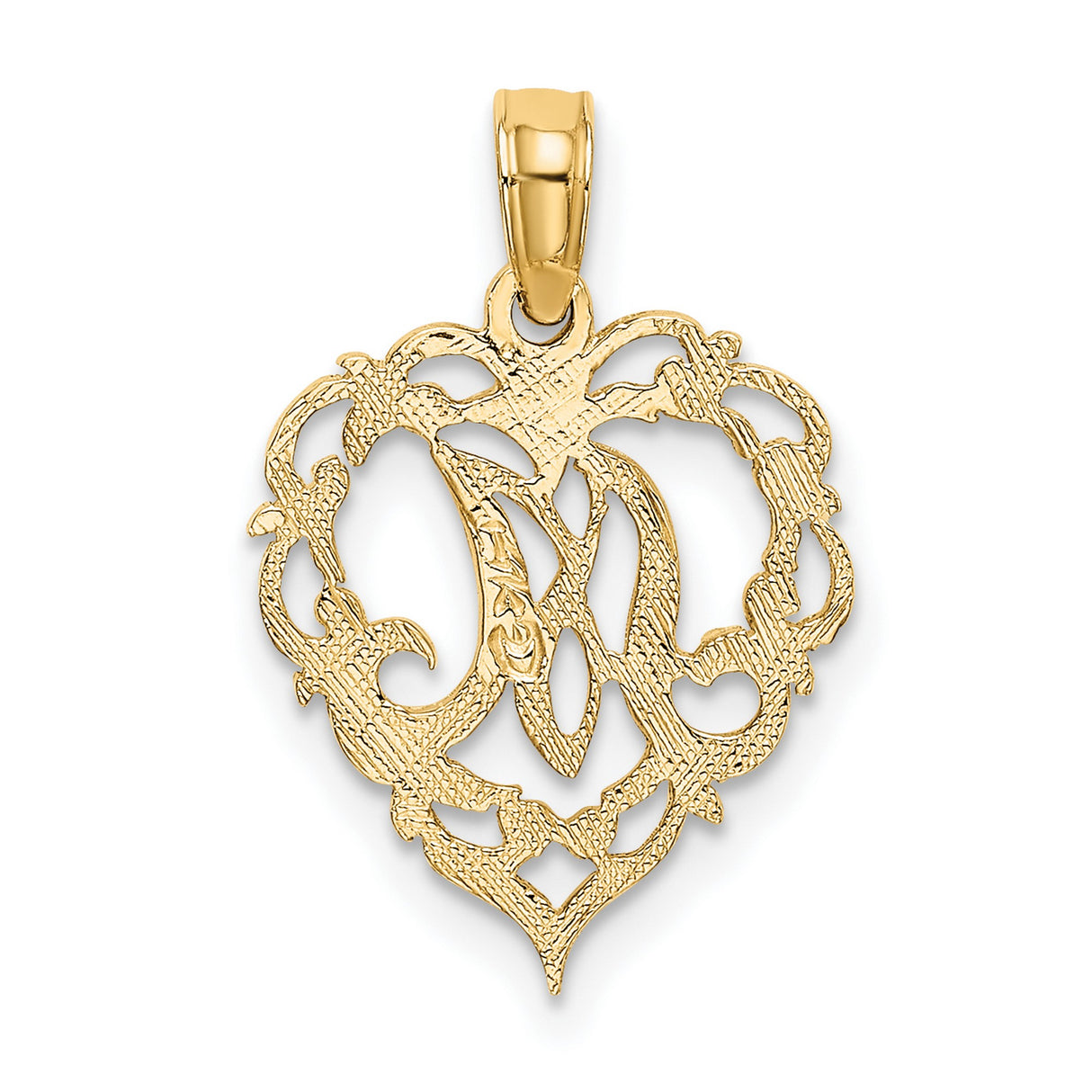 14k Yellow Gold Heart Pendant with Script Letter M, Filigree Monogram Charm