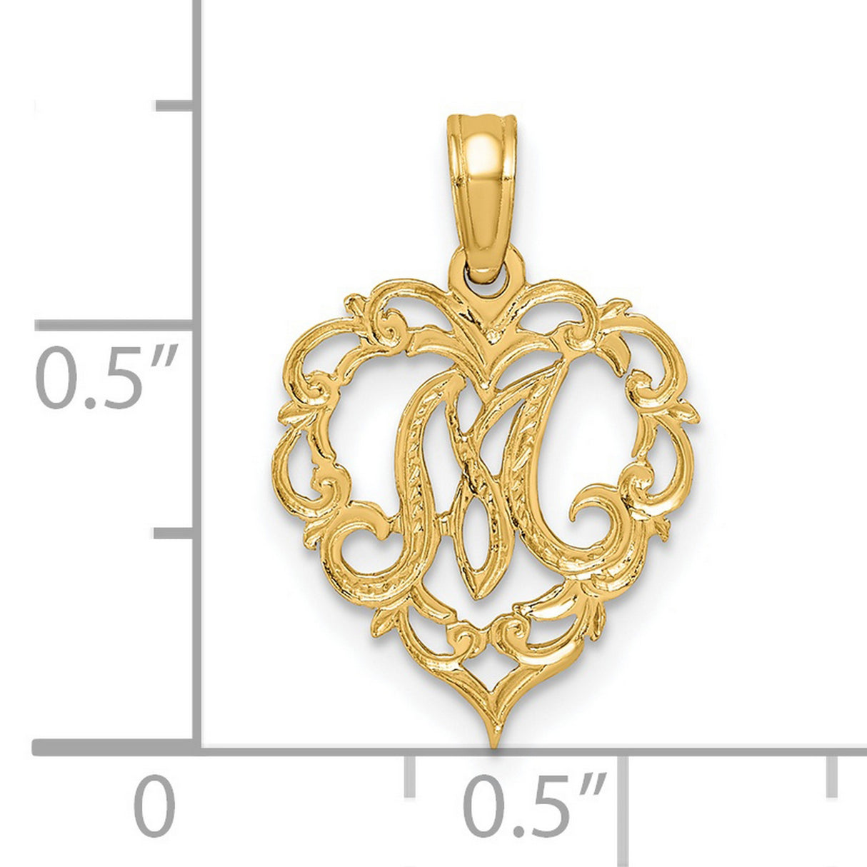 14k Yellow Gold Heart Pendant with Script Letter M, Filigree Monogram Charm