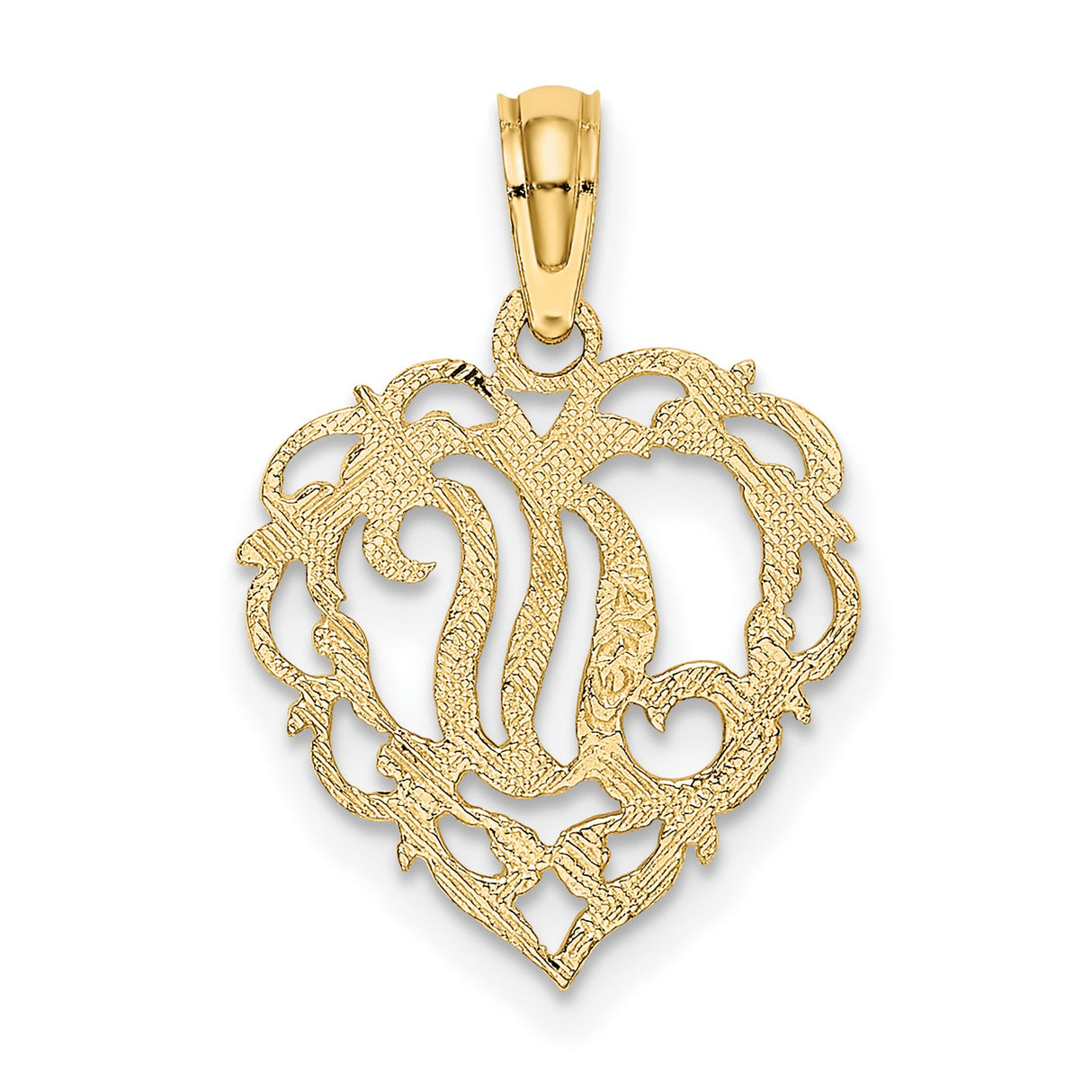 14k Yellow Gold Heart Pendant with Script Letter M, Ornate Filigree Design