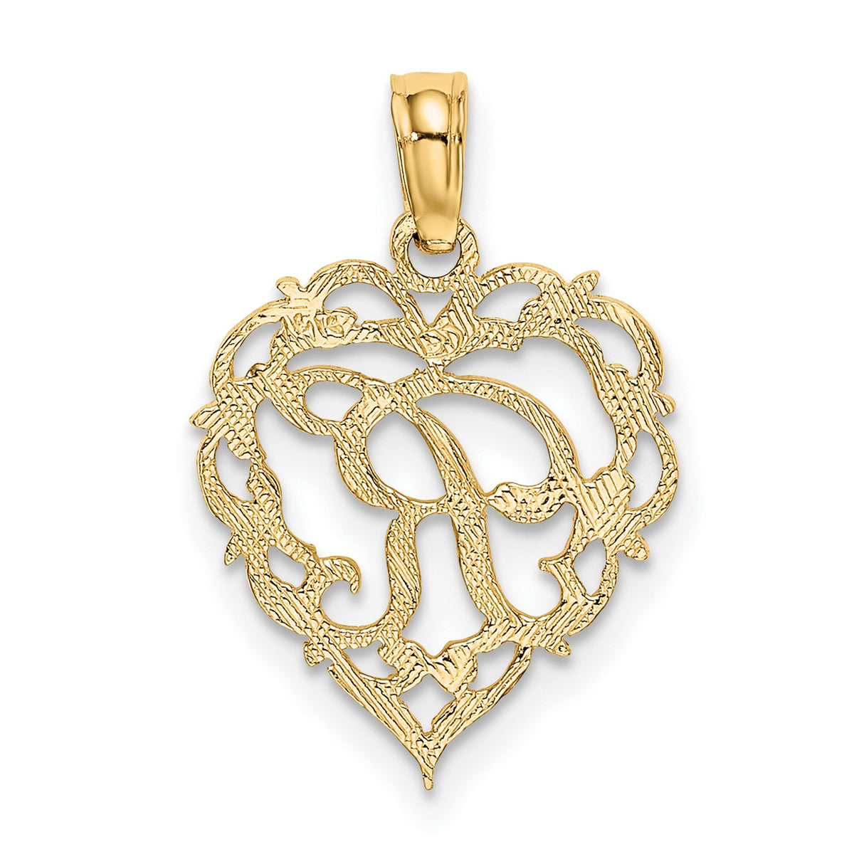 14k Yellow Gold Heart Pendant with Script Letter R, Openwork Filigree Initial Charm