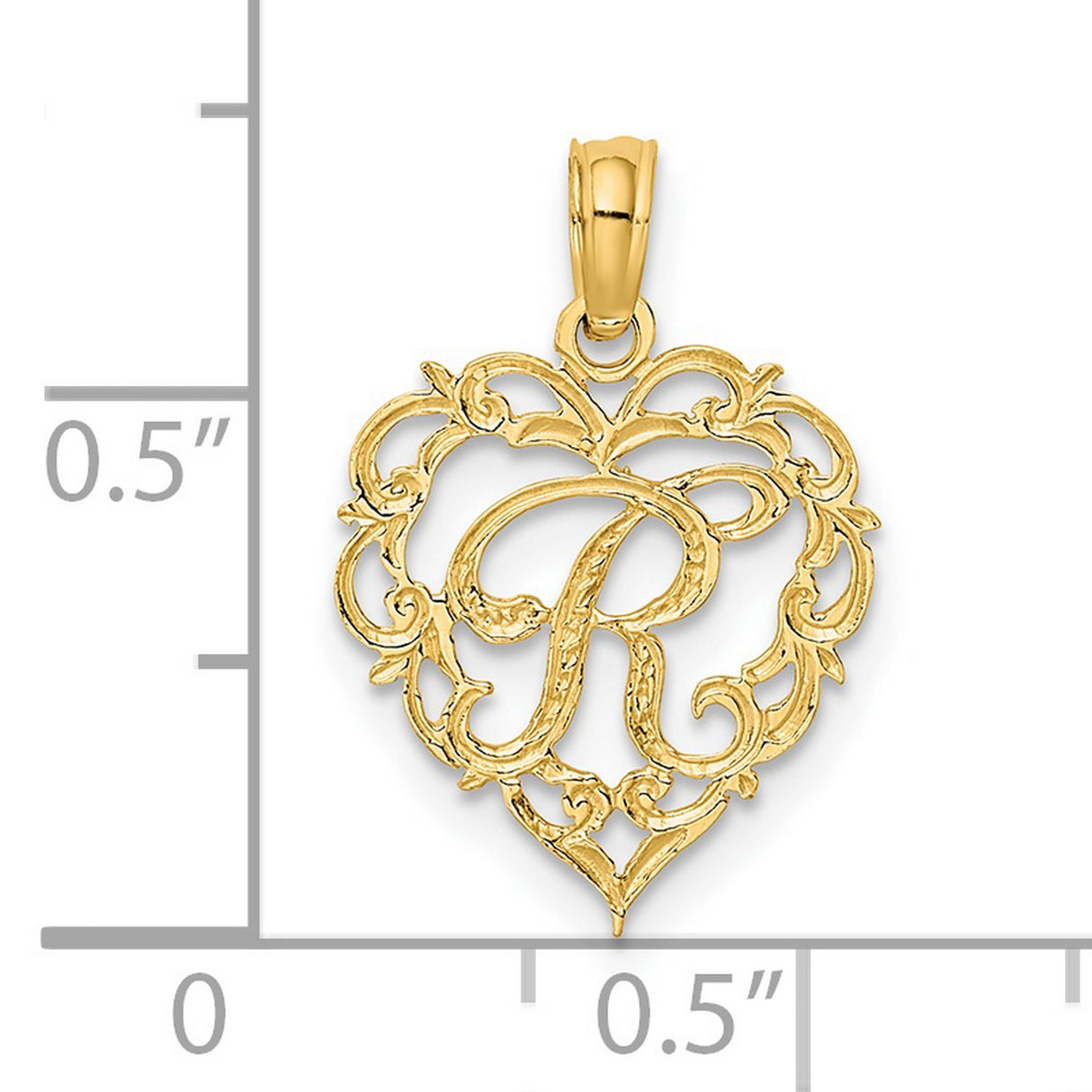 14k Yellow Gold Heart Pendant with Script Letter R, Openwork Filigree Initial Charm