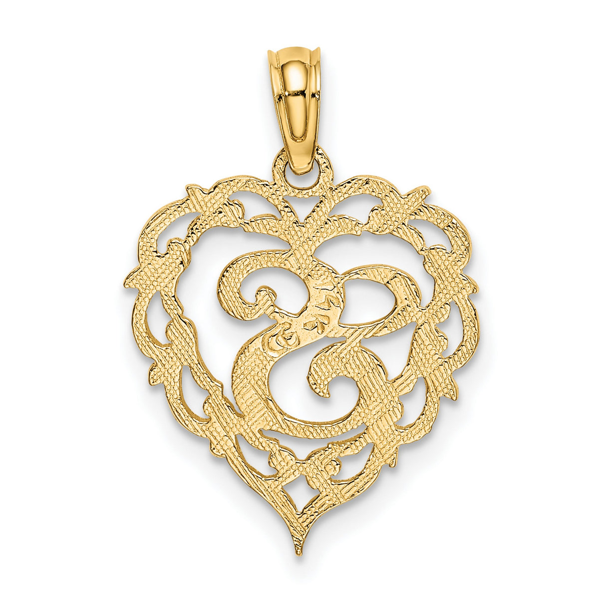 14k Yellow Gold Heart Pendant with Script Letter S and Ornate Scrollwork Design