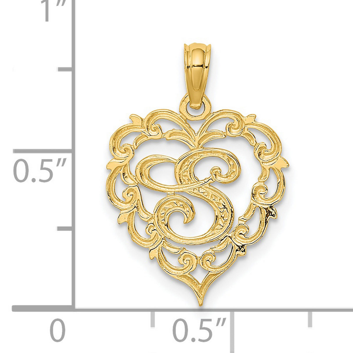 14k Yellow Gold Heart Pendant with Script Letter S and Ornate Scrollwork Design