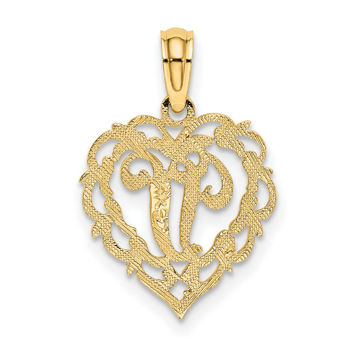 14k Yellow Gold Heart Shaped Letter J Pendant, Filigree Script Monogram Charm for Women