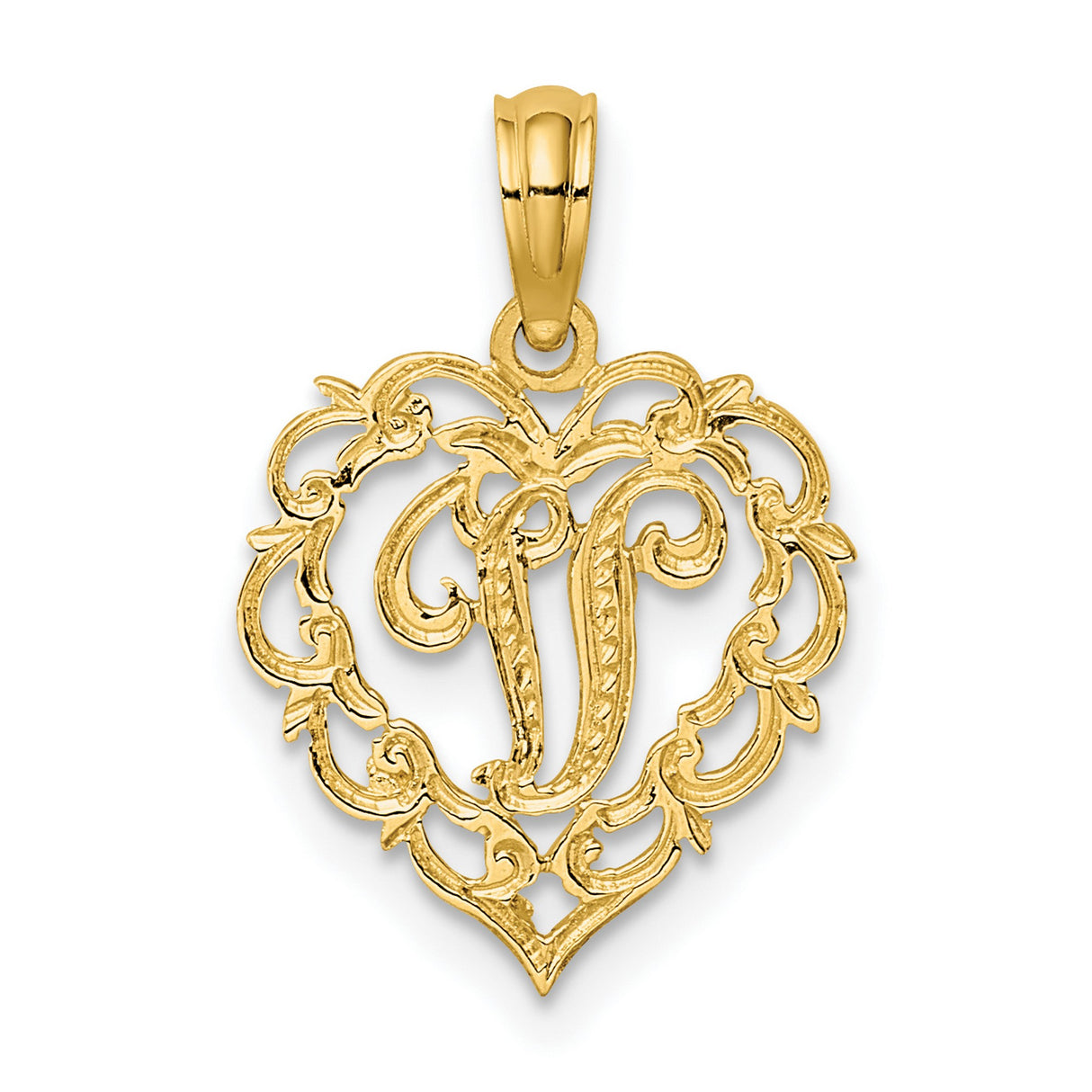 14k Yellow Gold Heart Shaped Letter J Pendant, Filigree Script Monogram Charm for Women