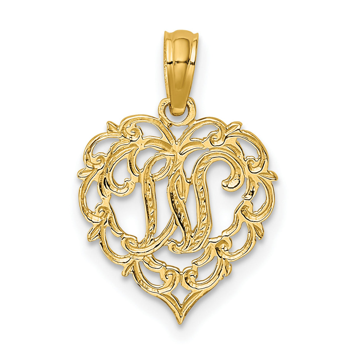 14k Yellow Gold Heart Pendant with Script M Monogram, Filigree Letter Charm for Women