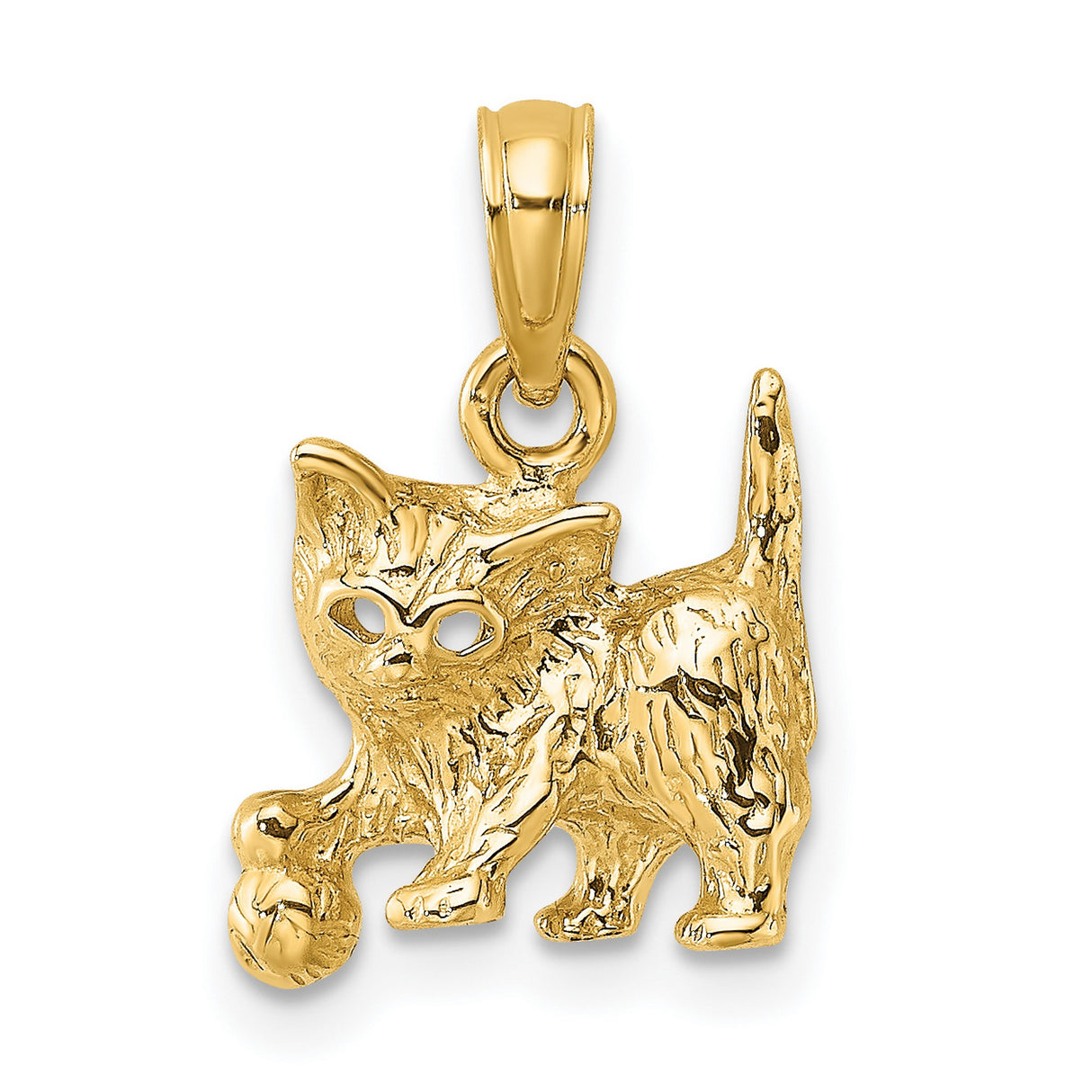 14k Yellow Gold Cat Pendant, Playful Kitten with Ball Design for Women