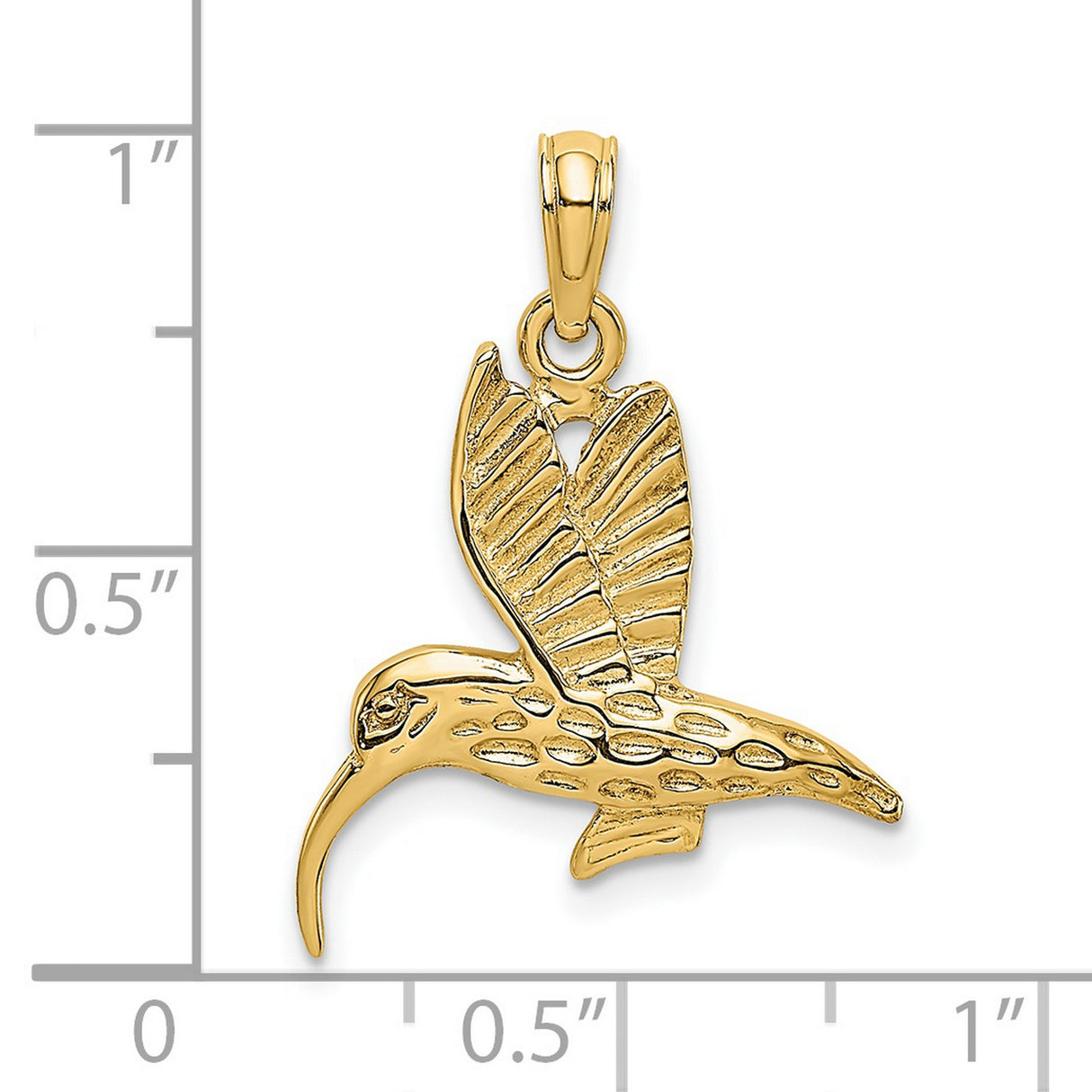 14k Yellow Gold Hummingbird Pendant with Textured Wings, Flying Bird Nature Charm