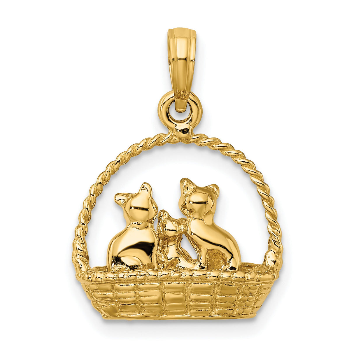 14k Yellow Gold Cat Pendant with Three Cats in Woven Basket, Animal Charm Jewelry for Women