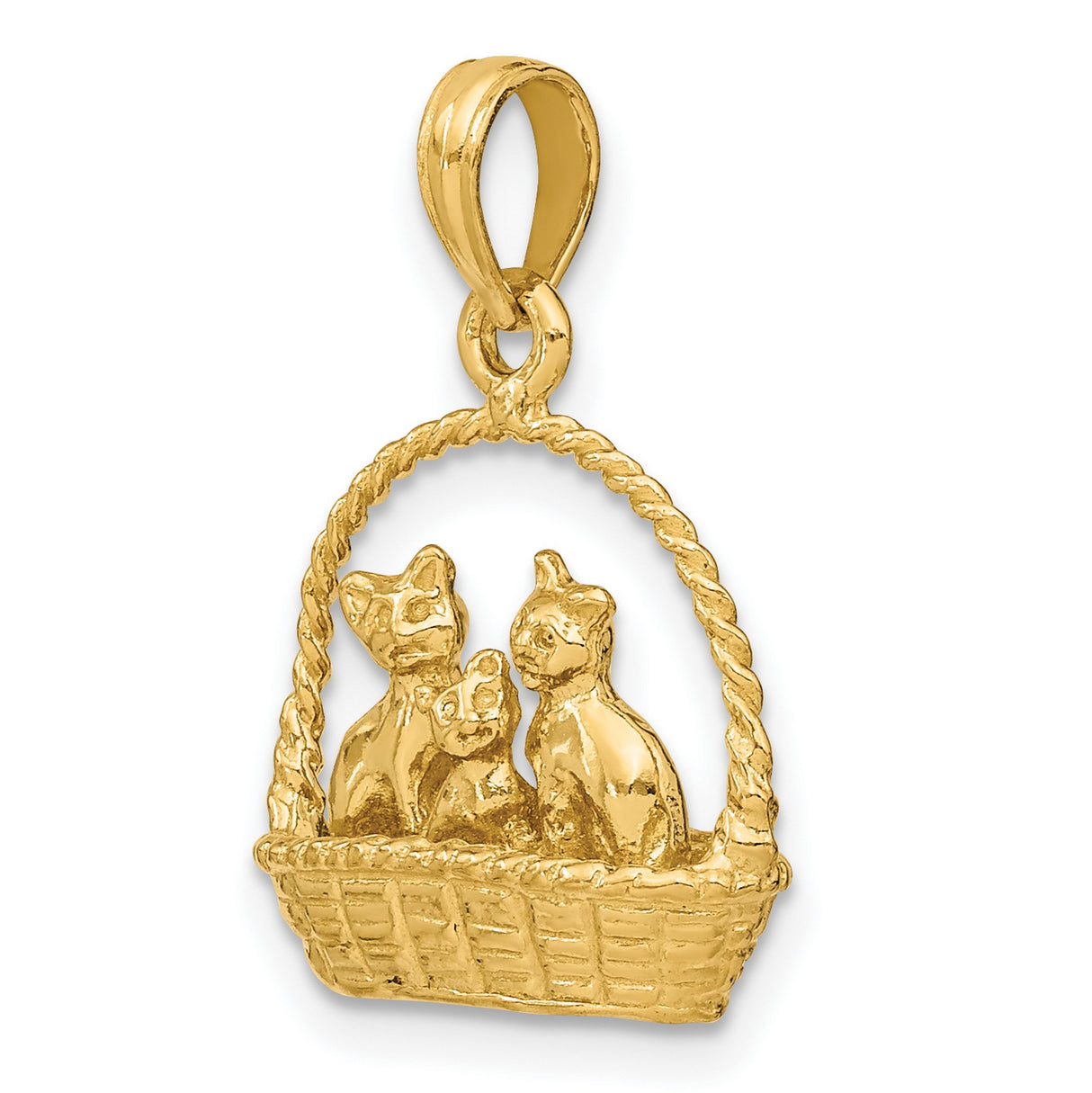 14k Yellow Gold Cat Pendant with Three Cats in Woven Basket, Animal Charm Jewelry for Women