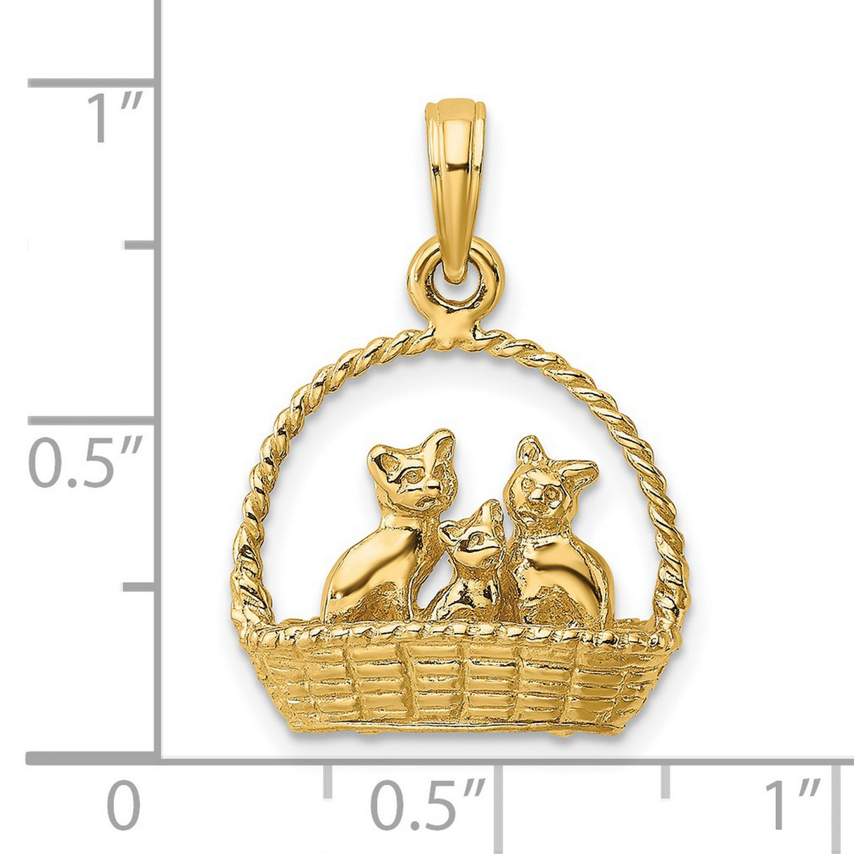 14k Yellow Gold Cat Pendant with Three Cats in Woven Basket, Animal Charm Jewelry for Women