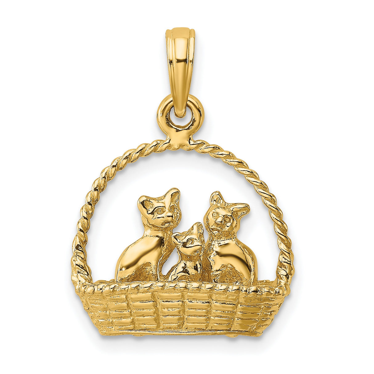 14k Yellow Gold Cat Pendant with Three Cats in Woven Basket, Animal Charm Jewelry for Women