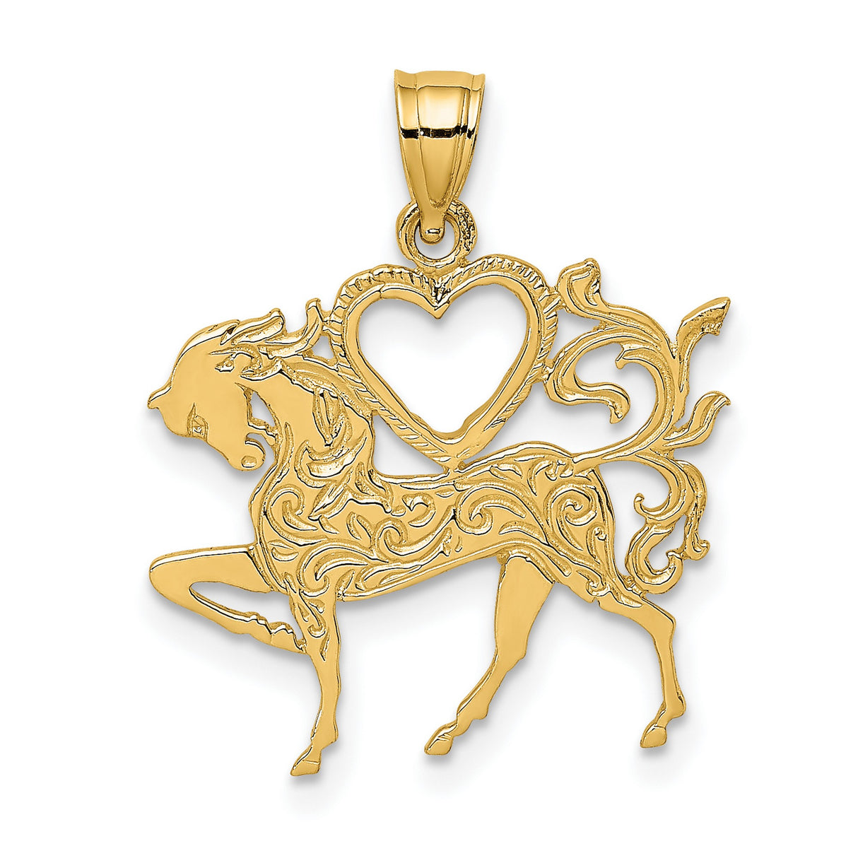 14k Yellow Gold Horse Pendant with Scroll Detailing and Heart Cutout, Western Style Charm