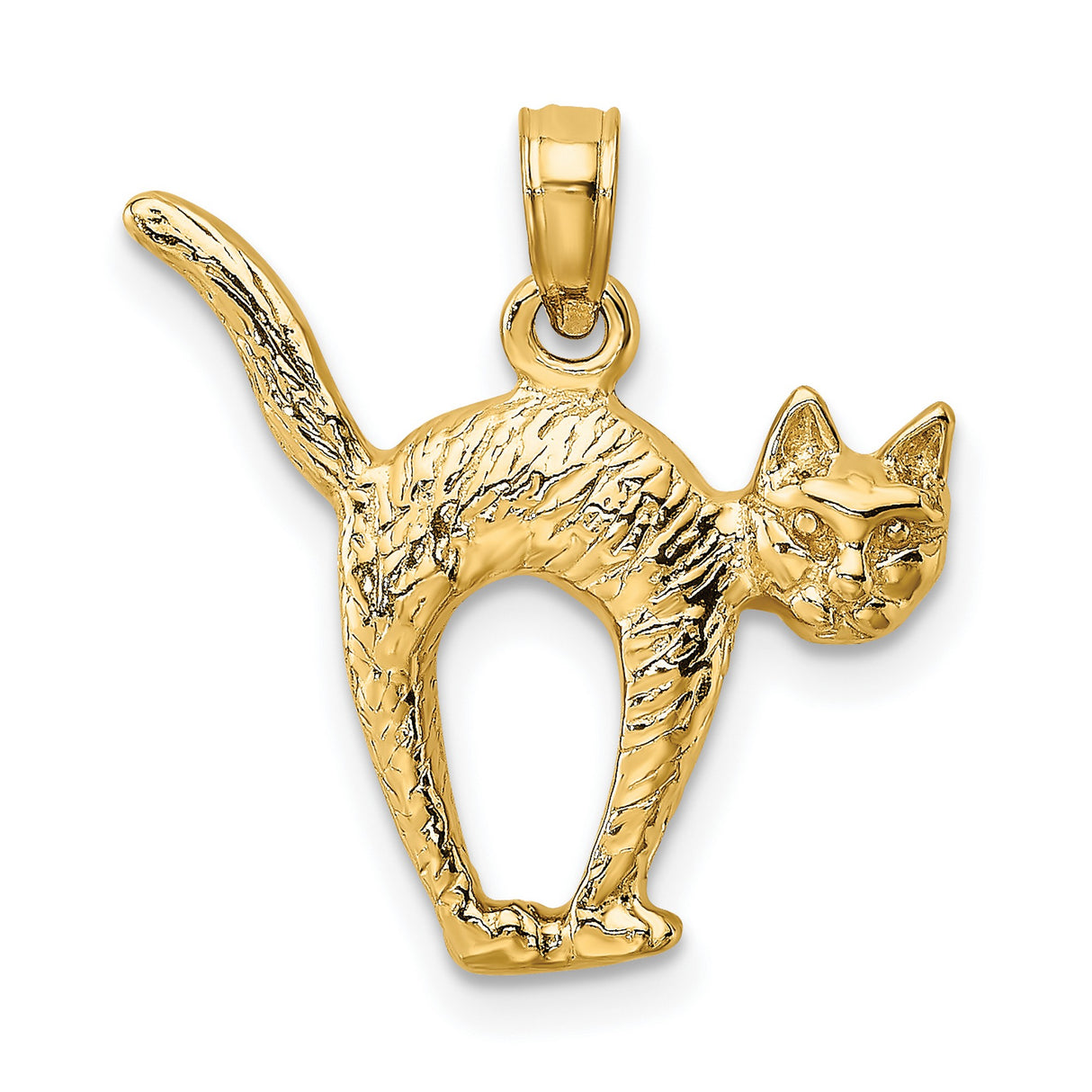 14k Yellow Gold Cat Pendant with Textured Arched Back, Animal Charm Jewelry