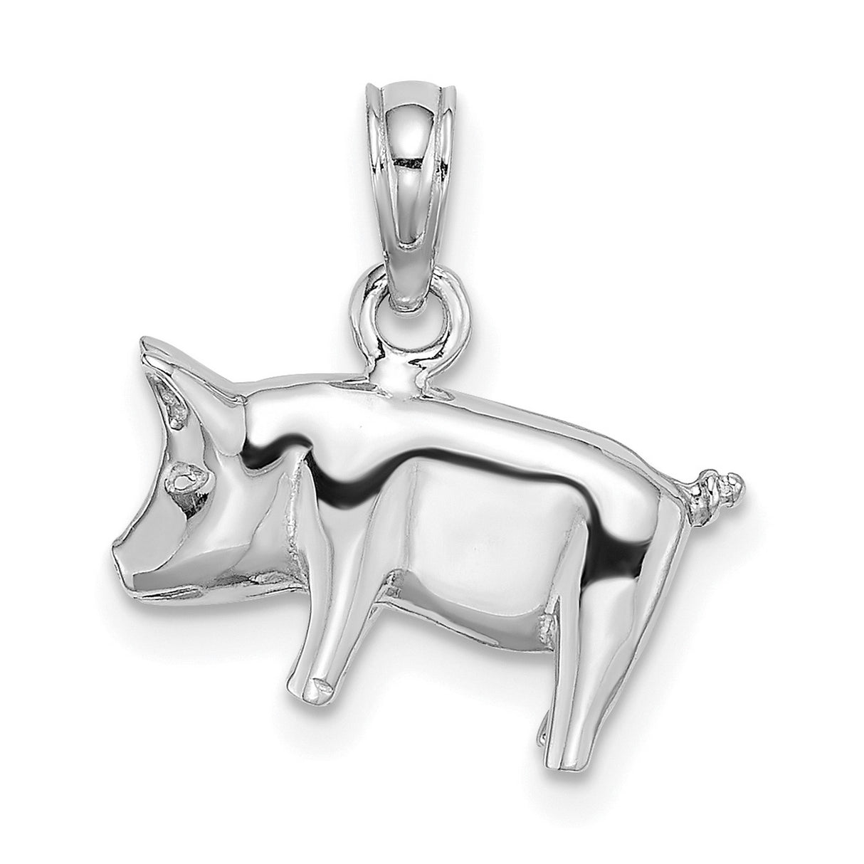Polished 3-D Pig with Curly Tail Charm Pendant in Real 14k White Gold