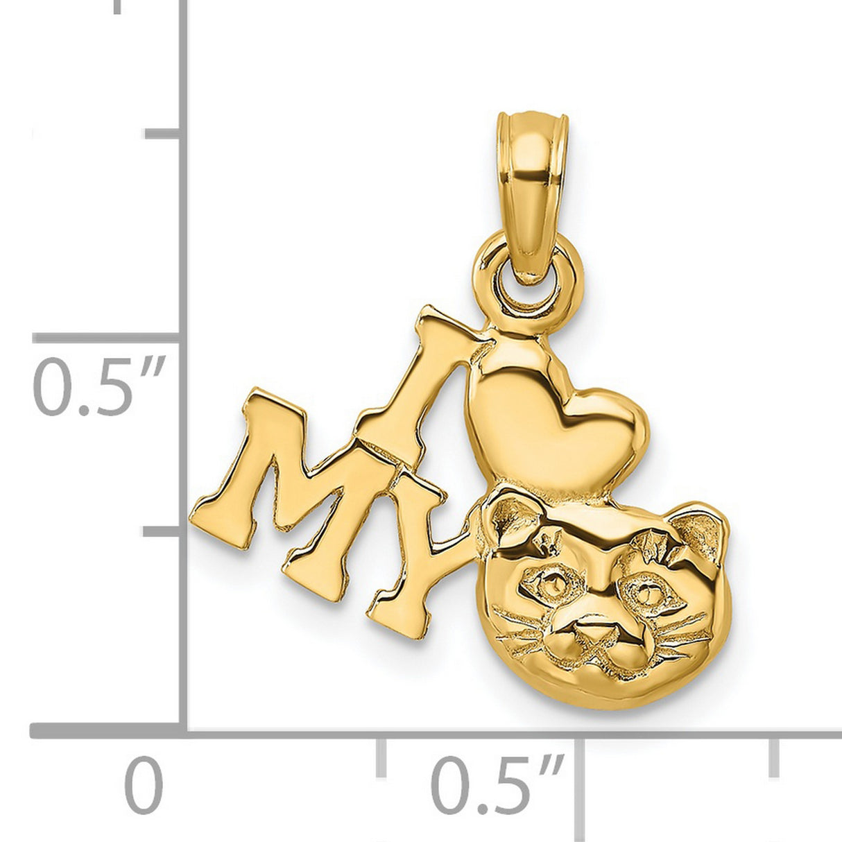 14k Yellow Gold Cat Pendant with Heart Symbol and Detailed Face, Animal Charm