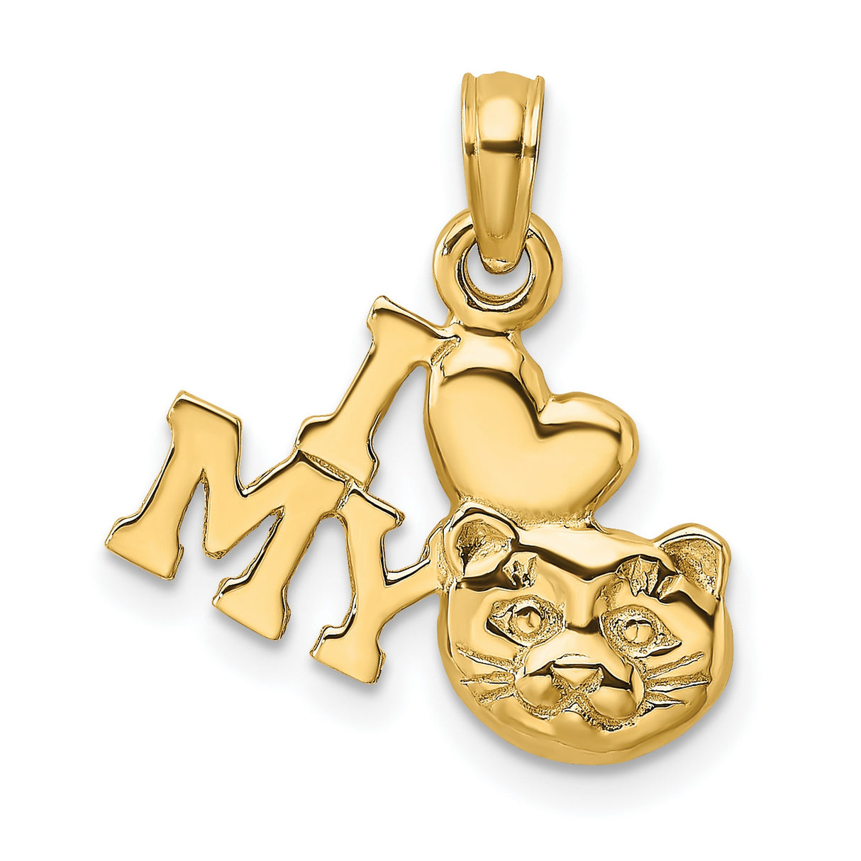 14k Yellow Gold Cat Pendant with Heart Symbol and Detailed Face, Animal Charm