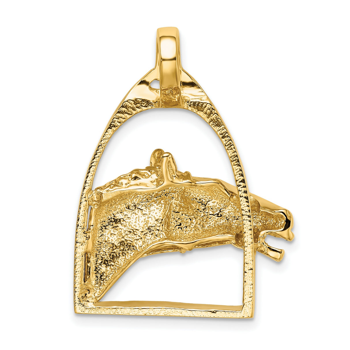 14k Yellow Gold Horse Stirrup Pendant with Racehorse Head, Equestrian Charm