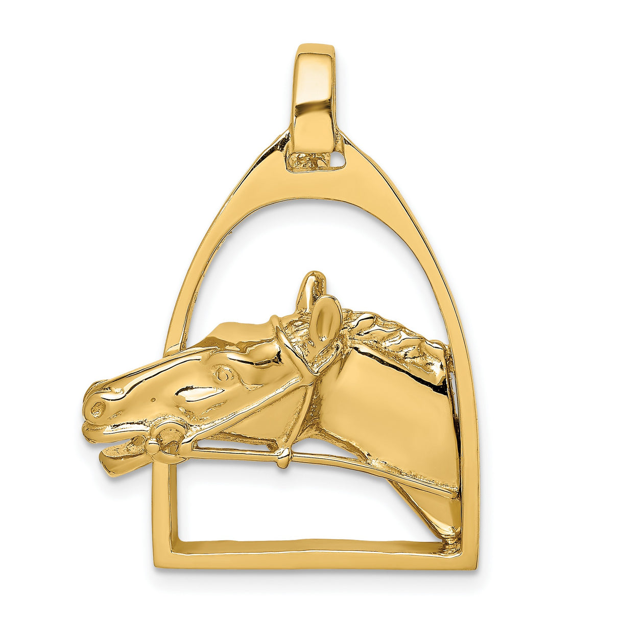 14k Yellow Gold Horse Stirrup Pendant with Racehorse Head, Equestrian Charm