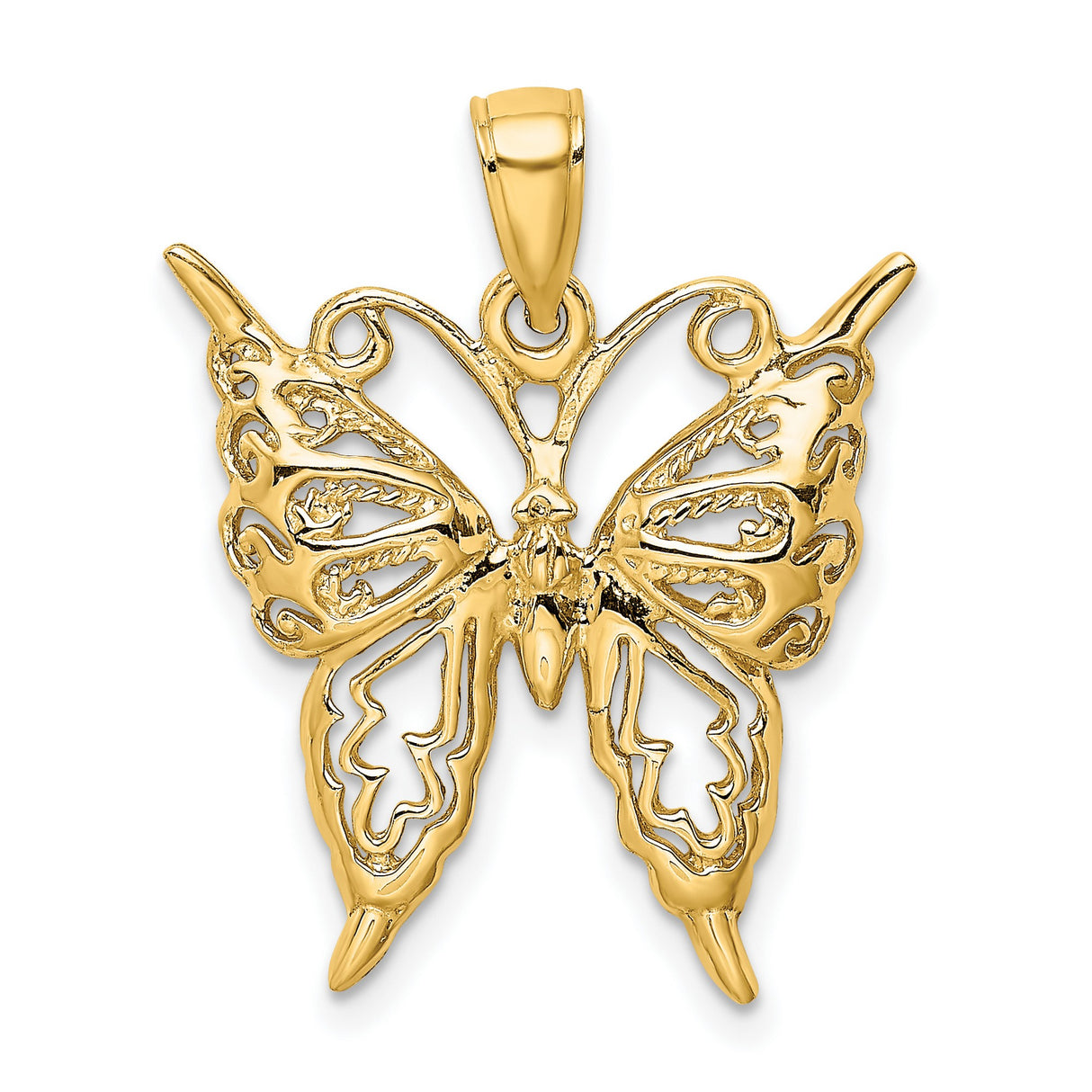 14k Yellow Gold Butterfly Pendant with Intricate Filigree Design for Women
