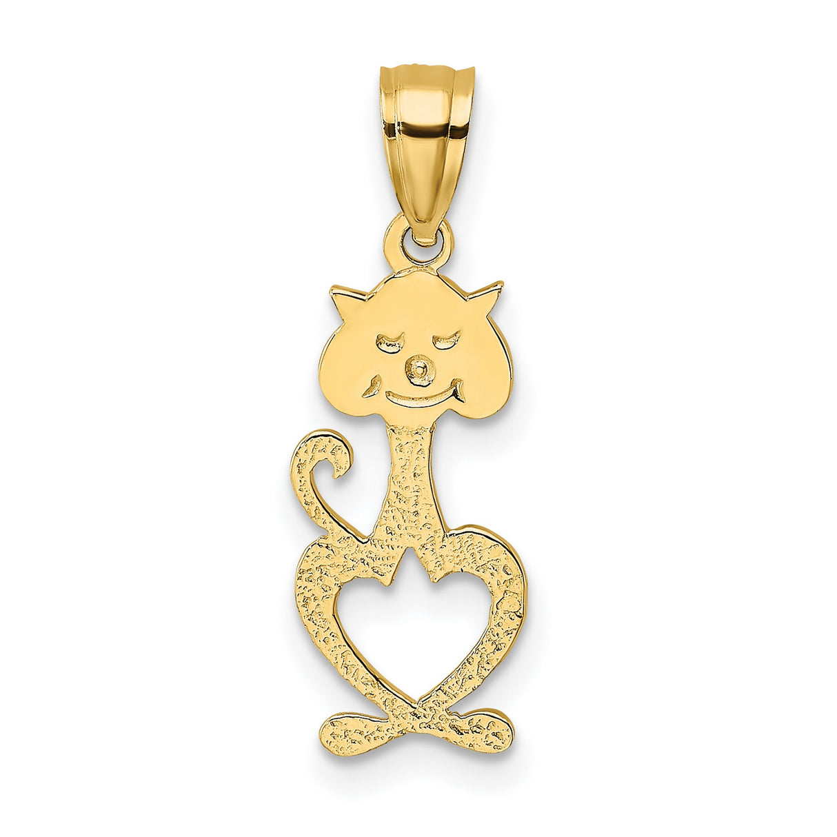 14k Yellow Gold Cat Pendant with Heart Shaped Body, Whimsical Feline Charm for Women