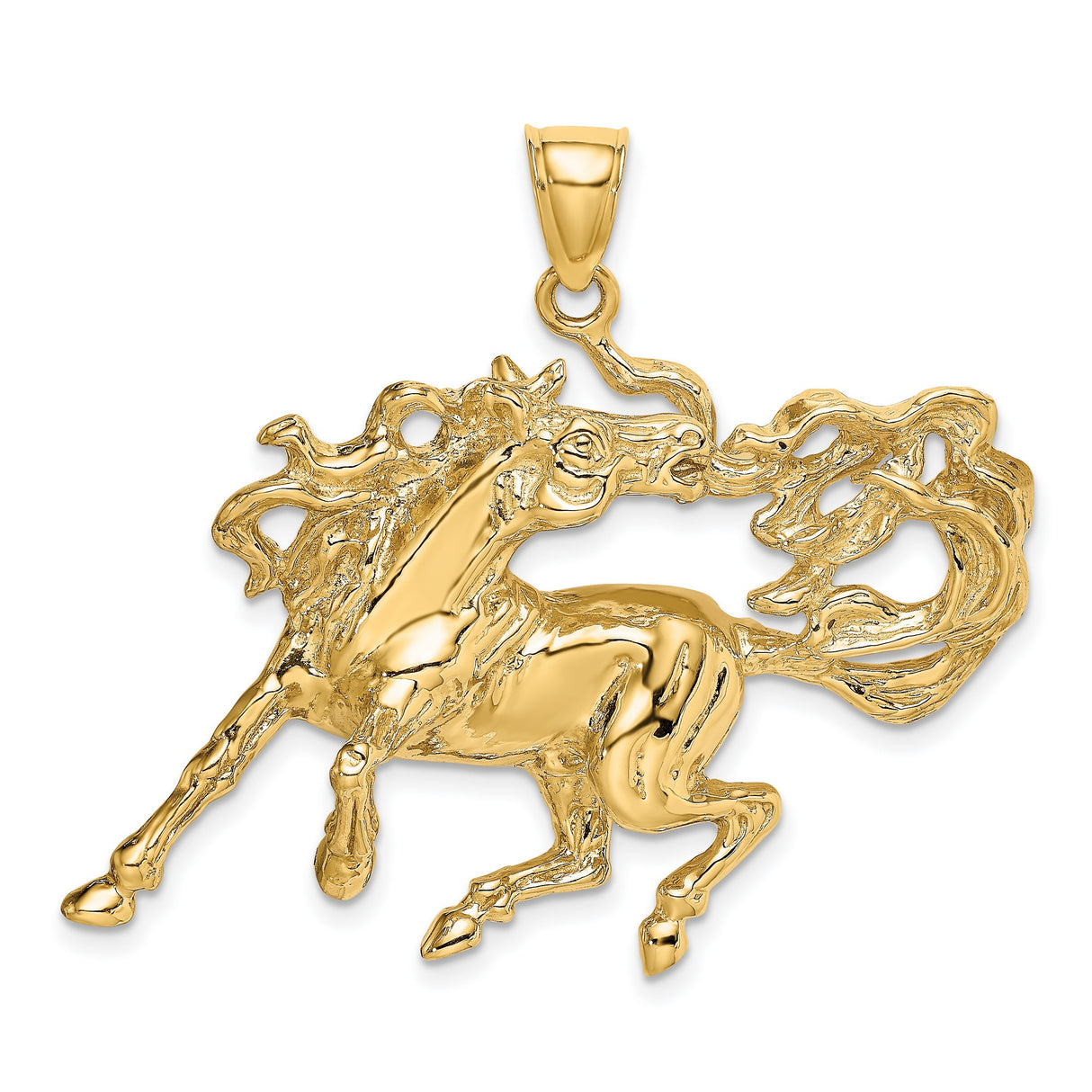 14k Yellow Gold Rearing Stallion Pendant with Flowing Mane, Equestrian Horse Charm